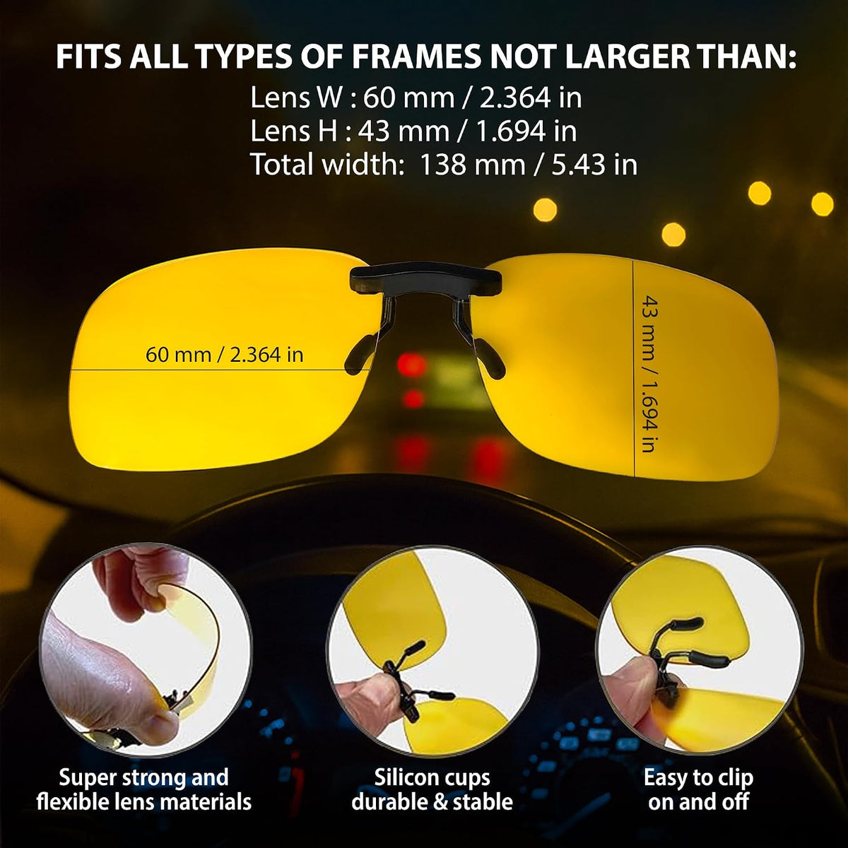 BLUE CUT Clip on Polarized Night Vision, Driving Sunglasses UV 400 Blocker To Wear Over Prescription Glasses