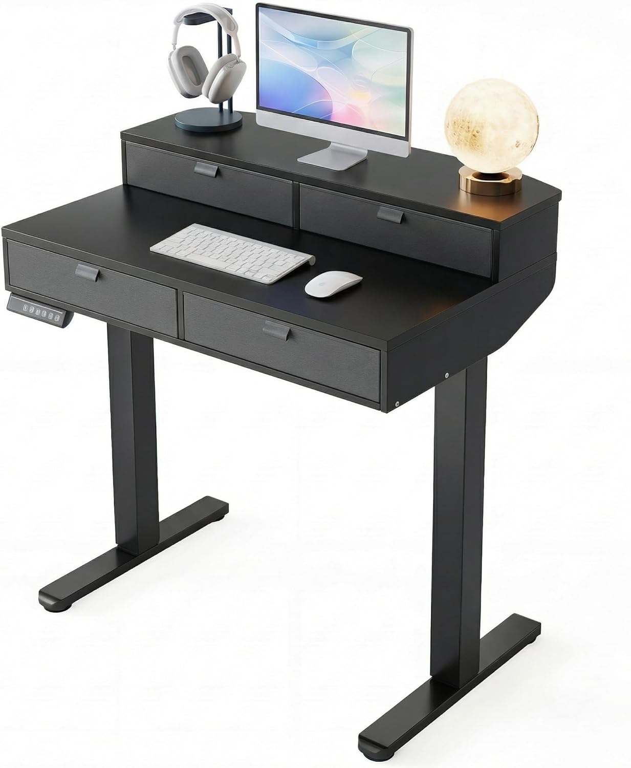 HUANUO 32 X 20 inch Electric Standing Desk with 4 Drawers, Adjustable Height Sit Stand Home Office Desk, C-Clamp Mount Compatible, Ergonomic Stand up Desk with 4 Preset Heights, Black