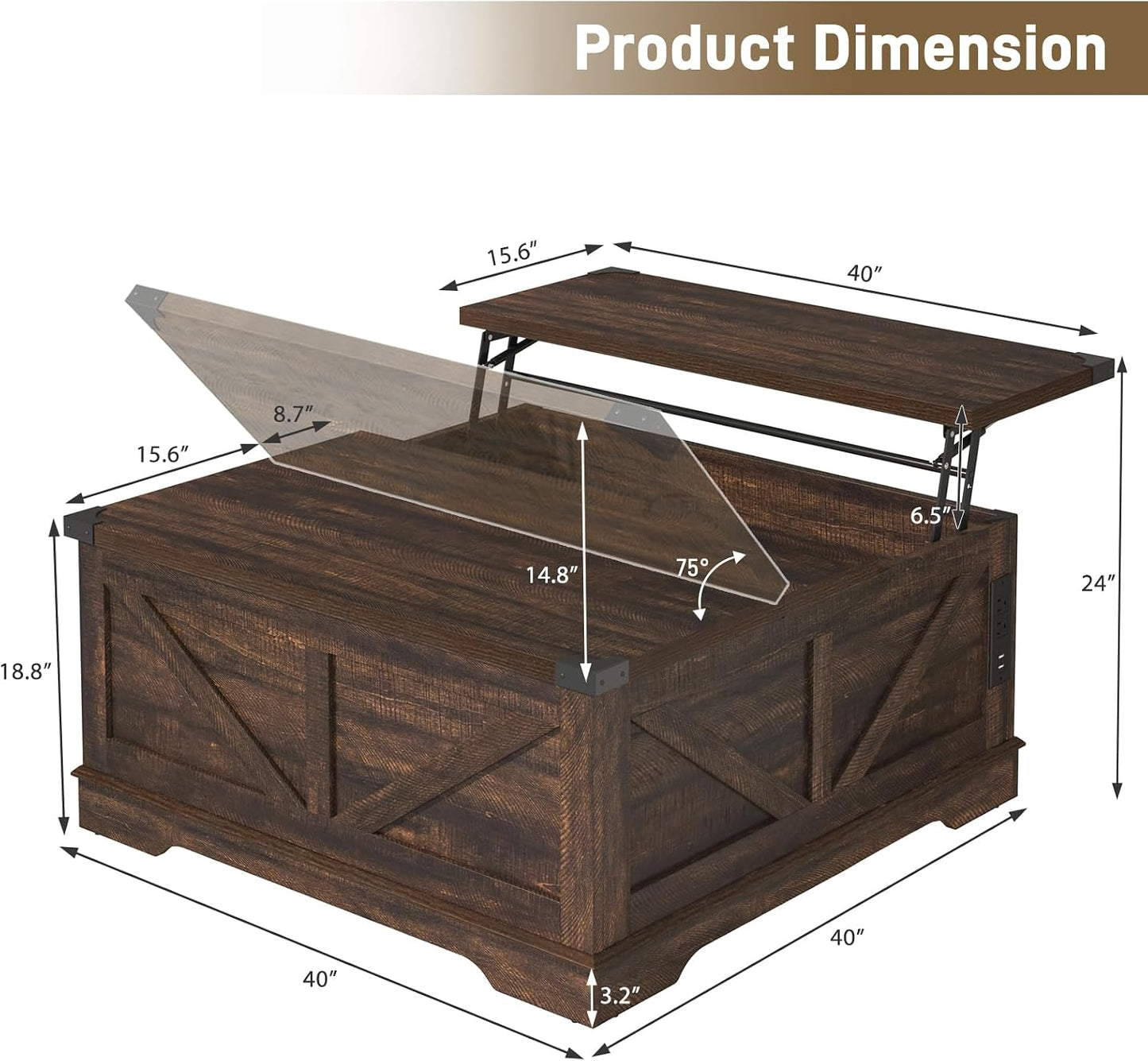 Hlivelood 40” Large Farmhouse Lift Top Coffee Table with Power Outlets and Large Hidden Storage, Square Wood Living Room Tables, Multi-Function Lift Wooden Barn Door Center Table, Brown