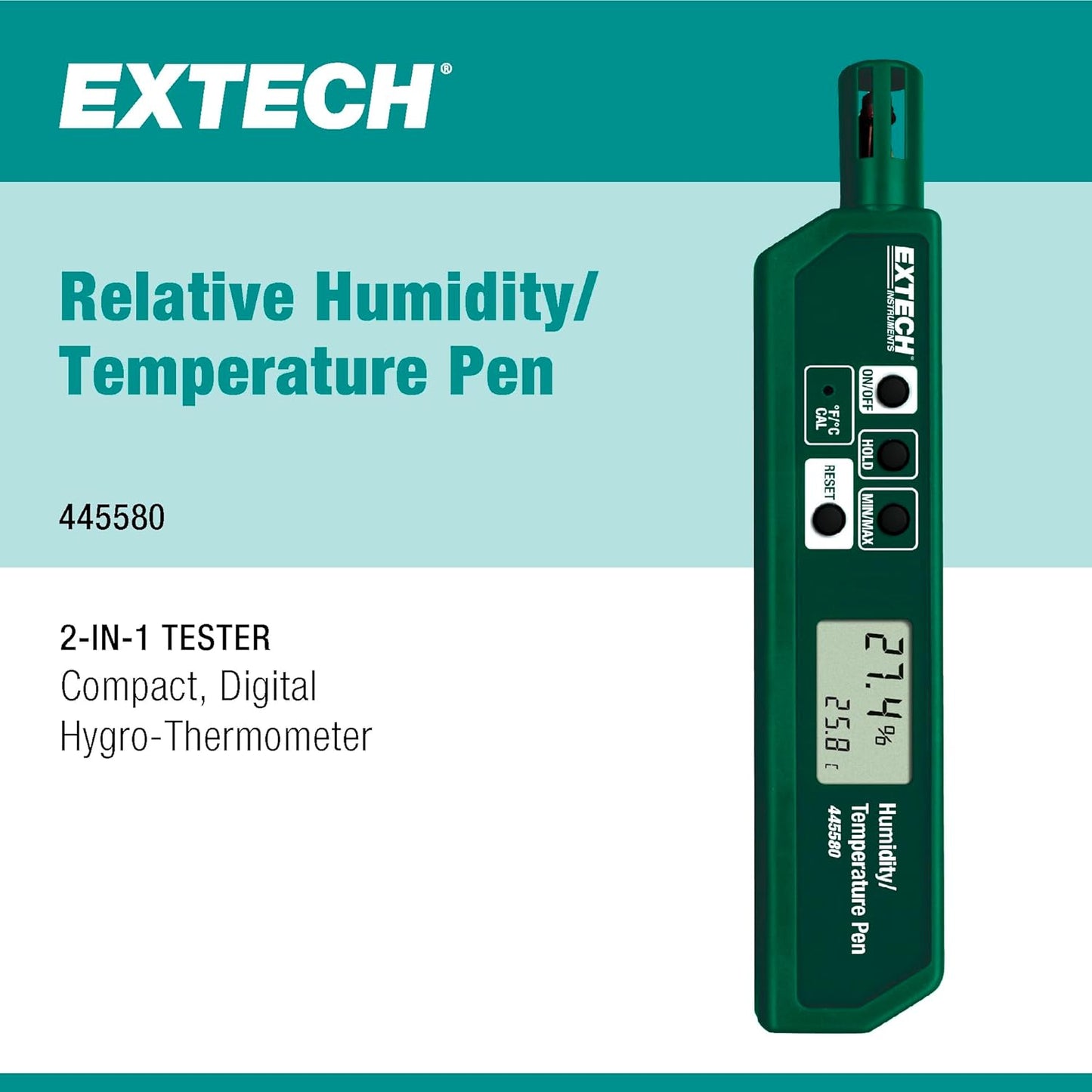 Extech 445580 Humidity and Temperature Pen with Fast Response Sensor, Min/Max Memory, Dual LCD, Pocket-Sized Hygrometer for HVAC, Labs, Storage Rooms, Indoor Air Monitoring
