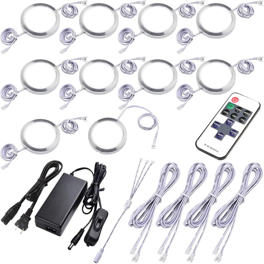 Under Bar Lighting, Workspace Accent Light Kit, 120V Cabinet LED Puck, Daisy Chained Linkable, Plug-in & Hardwiring, Wireless RF Remote Control Dimmable, White Cables, Daylight, 10 Lights