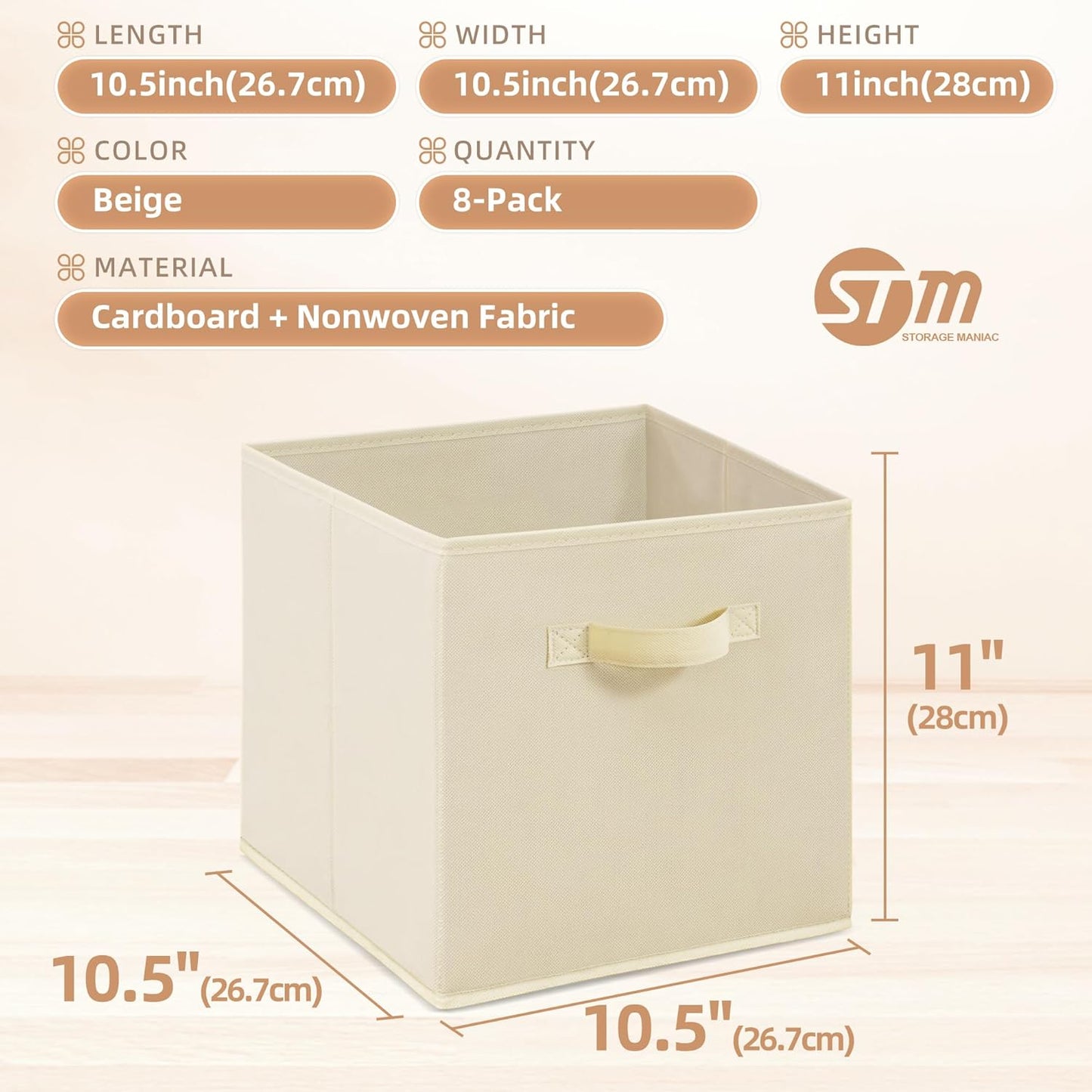 STORAGE MANIAC Storage Cubes, 11 Inch Collapsible Storage Bins with Handles, 8 Pack Fabric Foldable Bins for Organization, Durable Storage Bins for Closet, Shelves, Offices, Toys, 8-Pack Beige