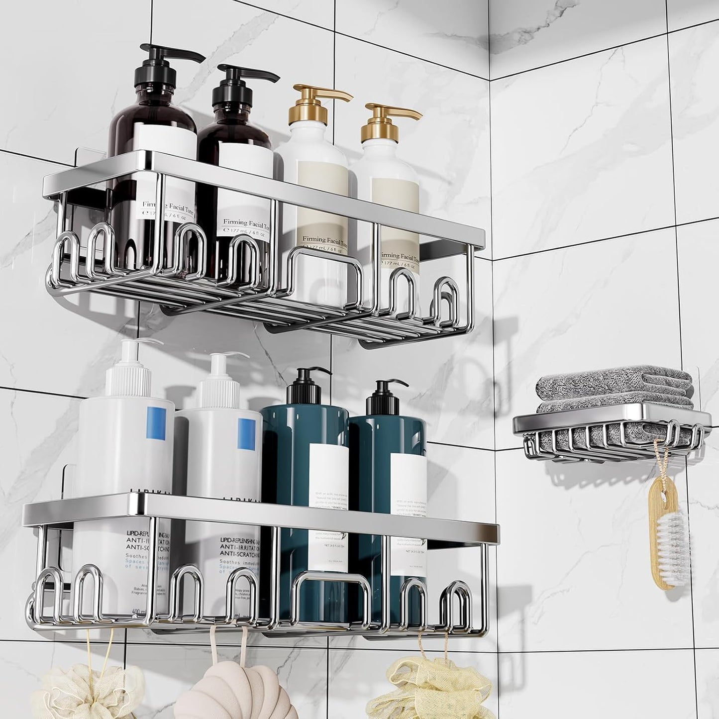 Veken Shower Caddy 3-Pack, Advanced Rustproof Design, No Drilling Adhesive Shelves, Rack with Soap Holder, Large Capacity Bathroom Organizers and Storage, Wall-Mounted Kitchen & Home Decor