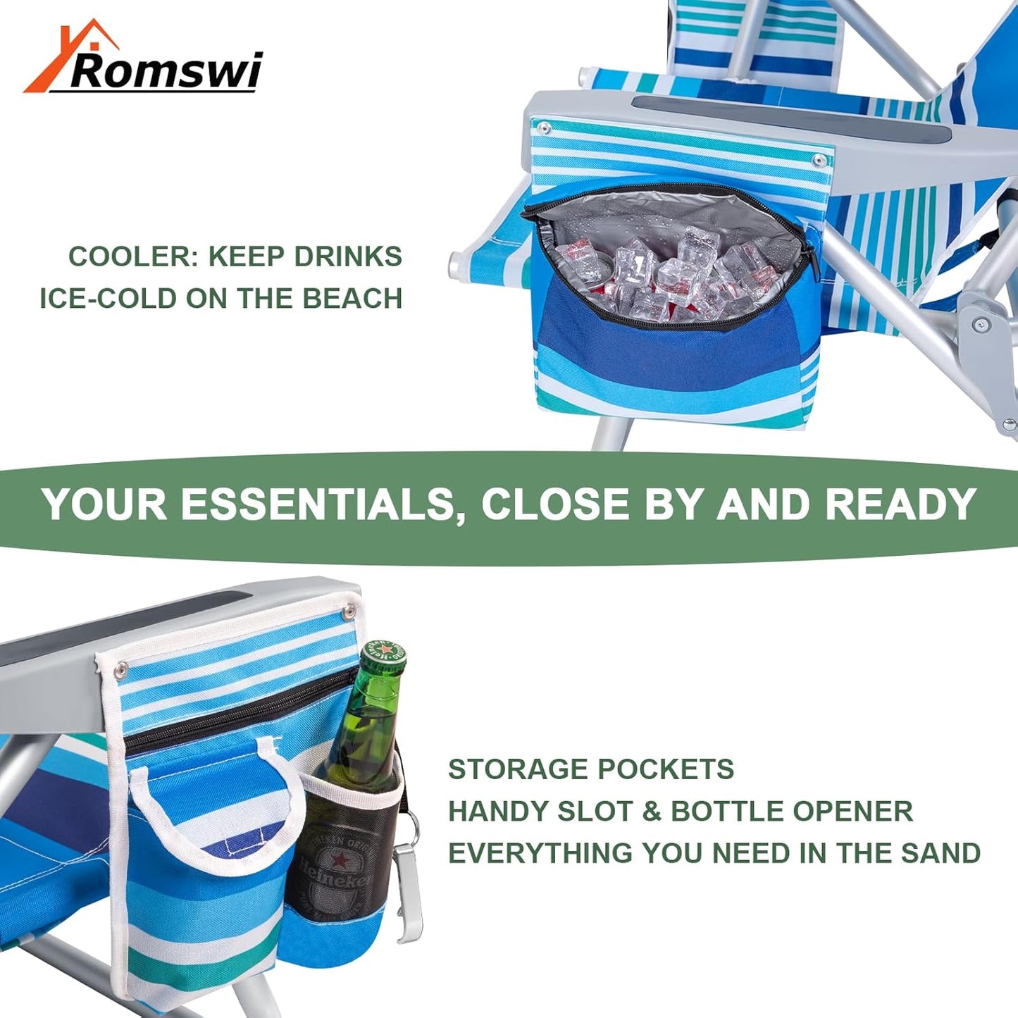2Pk Aluminum Extra Wide 5-Position Lay Flat Folding Backpack Beach Chairs for Adults, with Cooler Bag, Cup&Phone Holder, Towel Bar for Outdoor Lawn Picnic Sport, Portable Camping Chairs, Blue Stripes