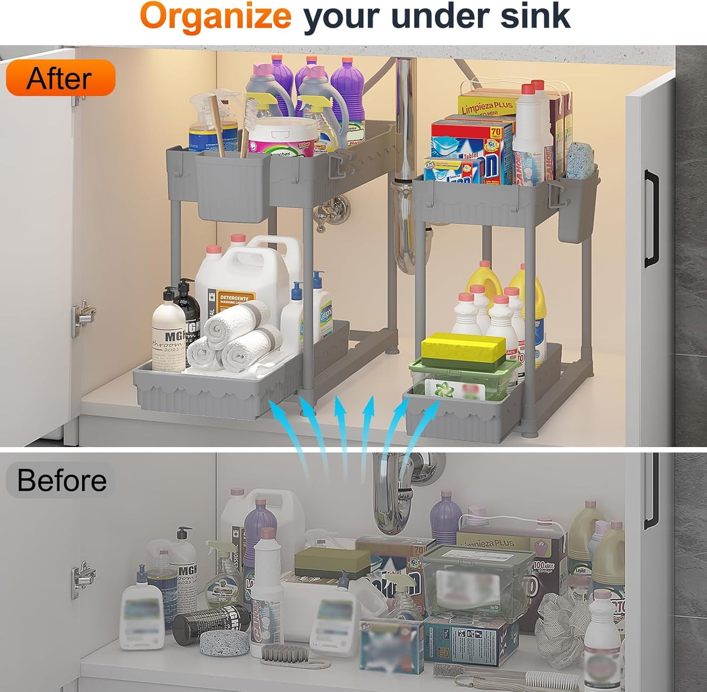 Sevenblue Under Sink Organizer, Bathroom Organizers and Storage, 2 Tier Multi-Use Pull Out Cabinet Organizer with Hang Hooks and Cups (Gray, 4 Pack)