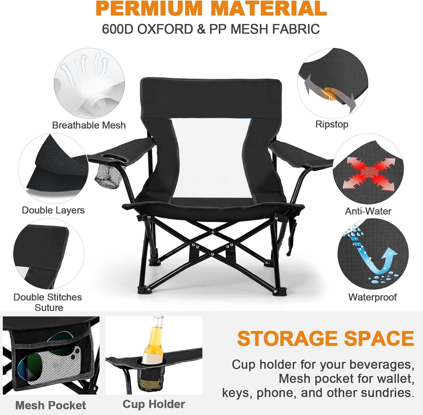 Joyfair Beach Camping Chair (2 Pack), Outdoor Folding Chair for Adults, Heavy Duty Portable Chair for Outside Fishing, Lawn, Sport, Patio, Armrest Cup Holder & Storage Pocket, Carry Bag (Black)