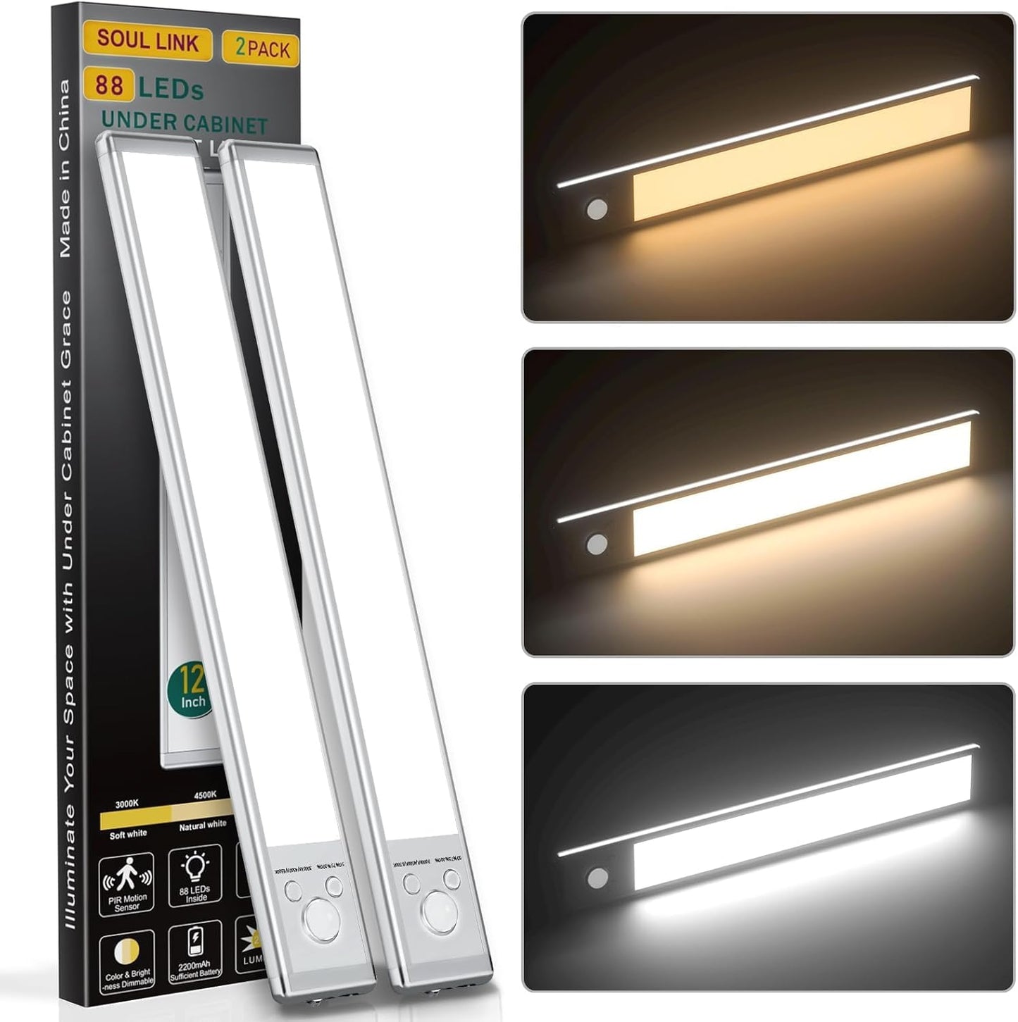 Under Cabinet Lights,76 LED Operated Motion Sensor Light Indoor,1500mAh USB Rechargeable Closet Lights, 2 Pack Magnetic Dimmable Closet Lights，Wireless Under Counter Lights for Kitchen, Stairs