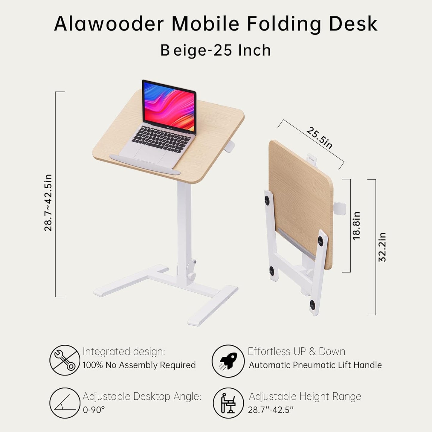 alawooder 25 Inch Mobile Folding Desk - No Assembly, Pneumatic Sit-Stand, 29-42" Height Adjustable Rolling Laptop Desk with Hidden Wheels, 0-90° Tilt Top for Home Office, Craft & Study
