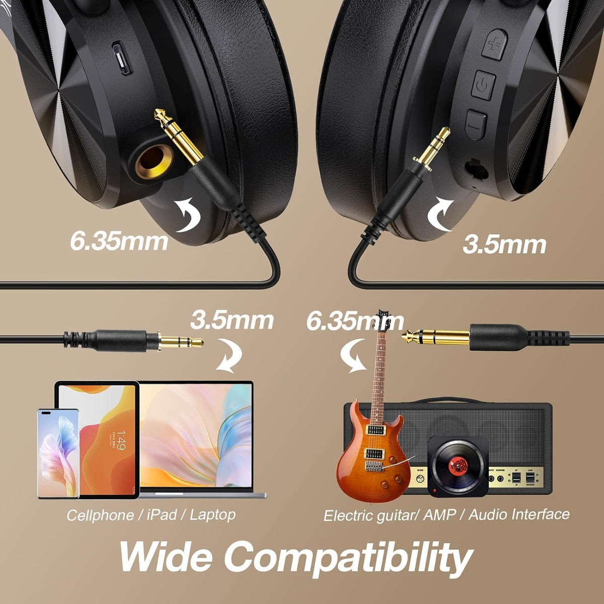 OneOdio A70 Bluetooth Over-Ear Headphones, Hi-Res Wired DJ Studio - Black