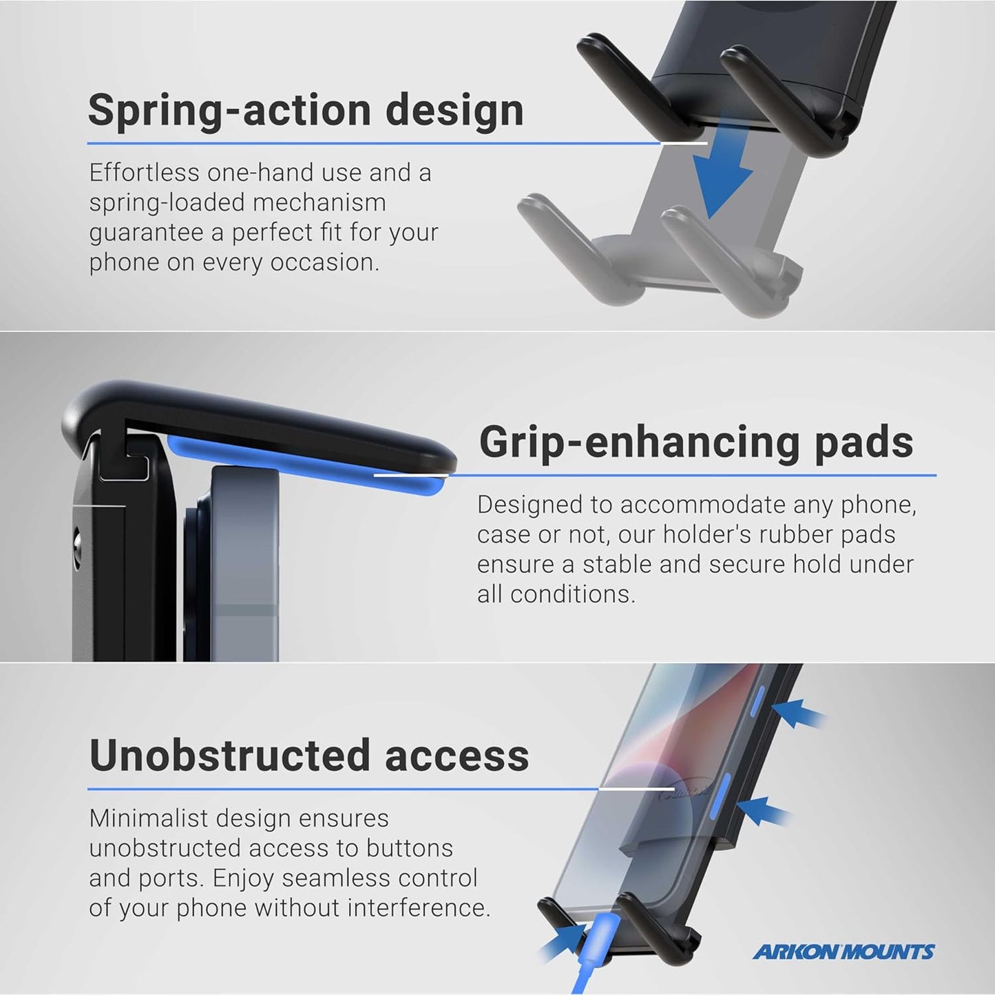 ARKON Mounts Slim-Grip Ultra Phone Holder Fits All Phones & Small to Midsize Tablets Fits Pedestals with Dual-T Patterns For iPad, iPhone, Samsung, Google, Nokia, & more
