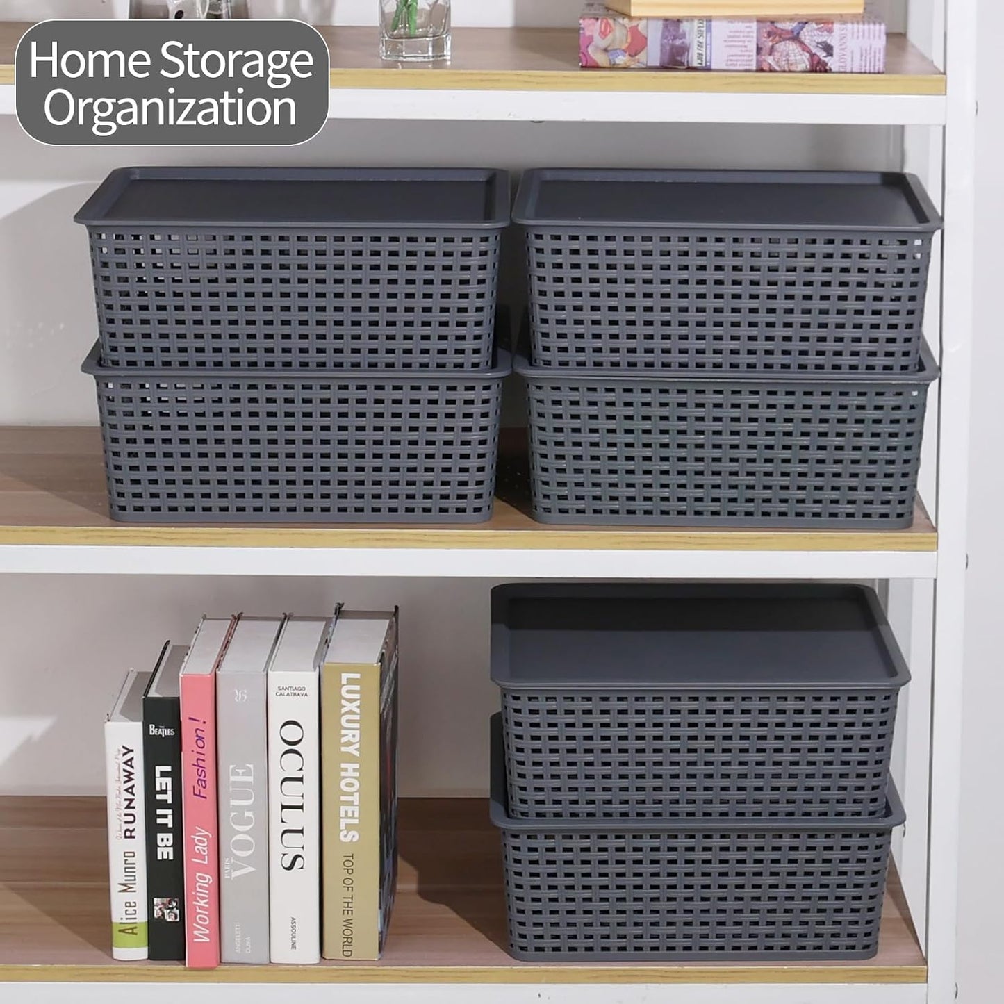 Xyskin 6-Pack Weave Storage Baskets with Lids, Stackable Storage Bins