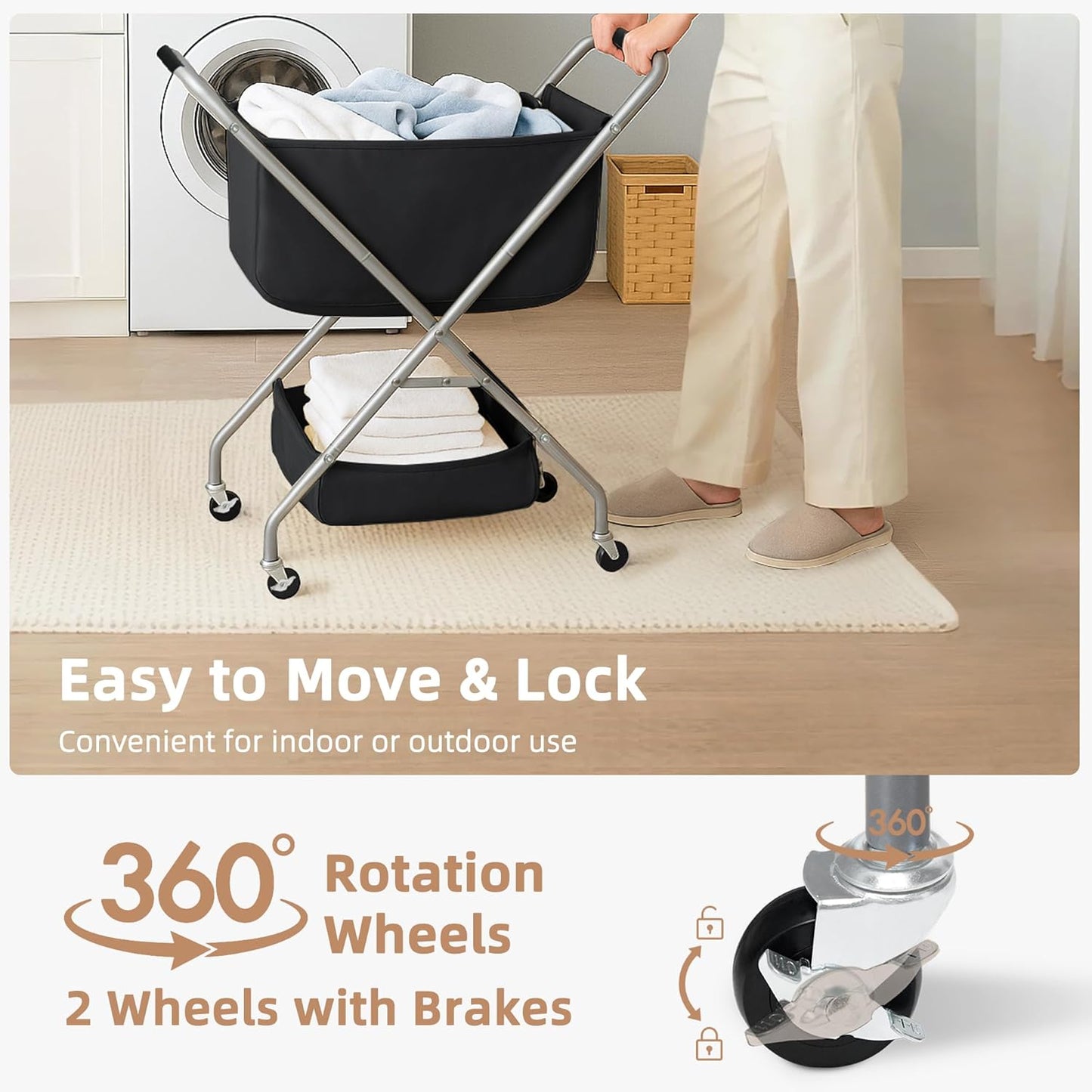 STORAGE MANIAC Collapsible Laundry Cart with Wheels 31.5"H Rolling Laundry Hamper Clothes Basket with Wheels, Canvas Liner Sturdy Steel Frame Folding for Small Narrow Space Easy Storage, Black