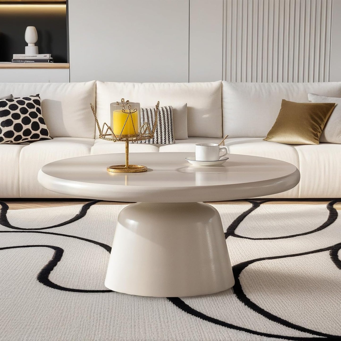 White Round Coffee Table (G White 31.5in) | Modern Unique Coffee Table for Living Room，Round Pedestal Center Table for Farmhouse