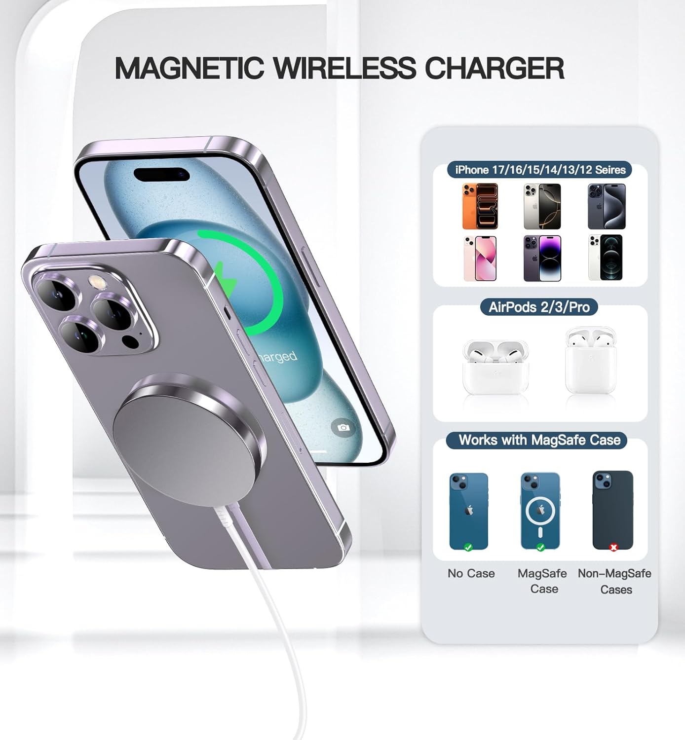Magnetic Wireless Charger 15W Fast Mag Safe Charger for Cell iPhone 17 Pro Max/17 Pro/17 Air/17/16/15/14/13/12 Series 2 Pack Charging Pad for AirPods 3/2/Pro 2/Pro Original Replacement