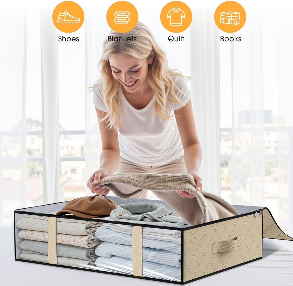 StorageRight Under Bed Storage Bags 3 Pack, 40L Large Clothes & Comforter Storage Containers with Clear Window, Breathable Fabric Organizer for Blankets, Bedding, Seasonal Clothing, Beige