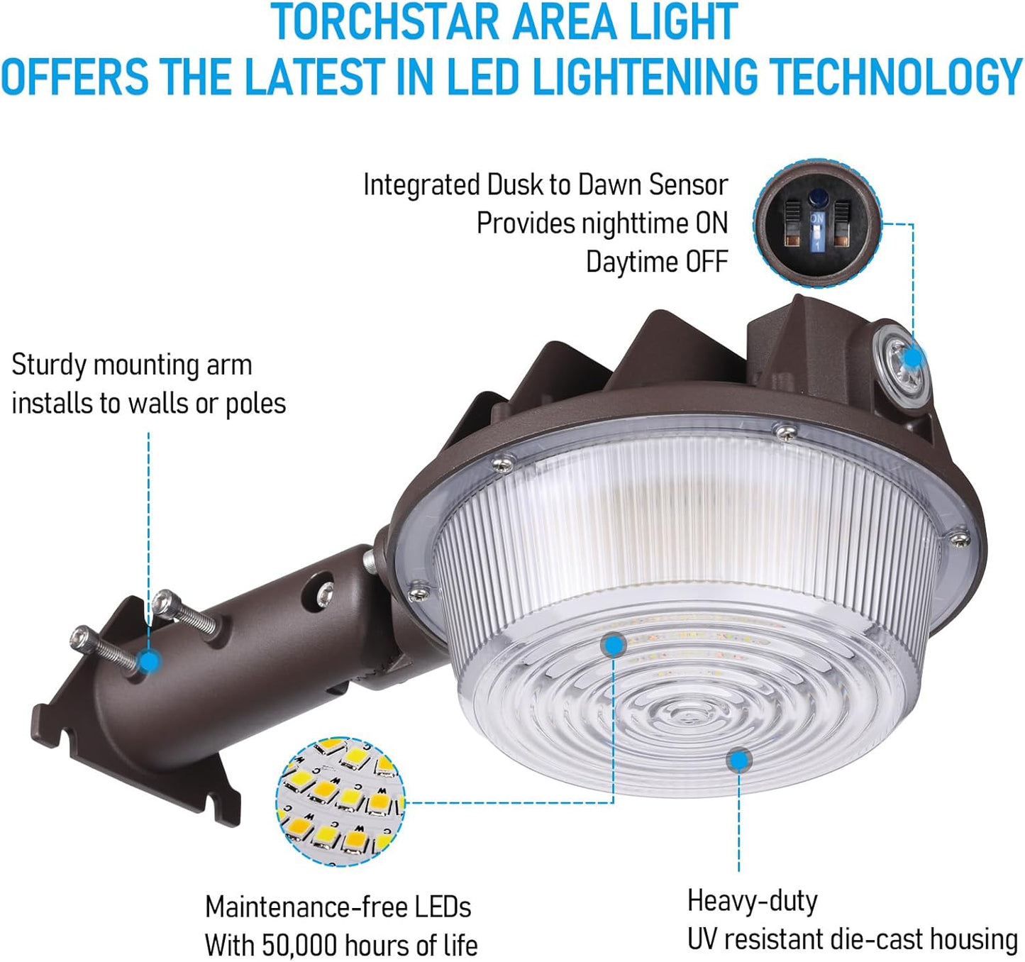 TORCHSTAR 3CCT LED Barn Light, Dusk to Dawn Area Lights with Photocell, Outdoor Security Flood Lighting, Update 40W/60W/80W Selectable, ETL Listed, IP65 Waterproof, Aluminum, 120-277V, Garage, Bronze