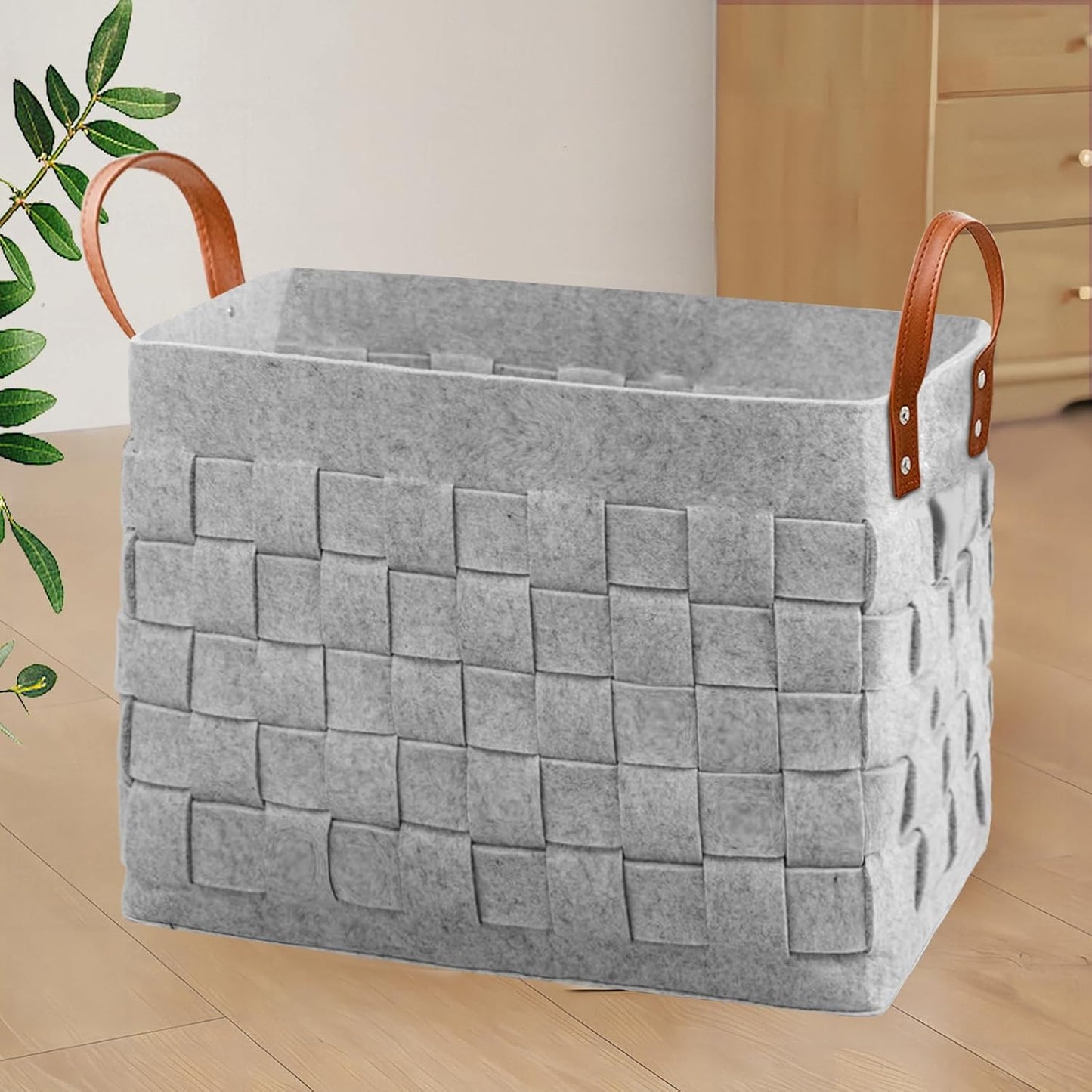 boldmonkey Laundry Basket 16.5 " x13 x13 , Large Rectangular Blanket Basket with Leather Handle, Felt Storage Basket for Living Room, Nursery, Dog Toys-Dark Gray