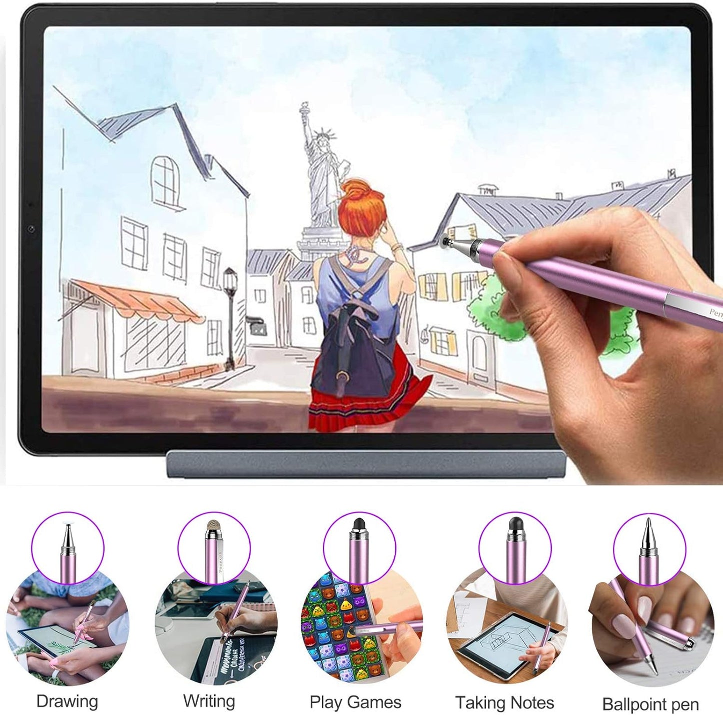Penyeah 4-in-1 Stylus Pen for Touchscreens, Versatile Capacitive Stylus for iPhone 17/16/15 Pro Android Phones,Tablets -Disc+Rubbe+Mesh Tips Universal for All Touch Screen Devices - Pinky Gold
