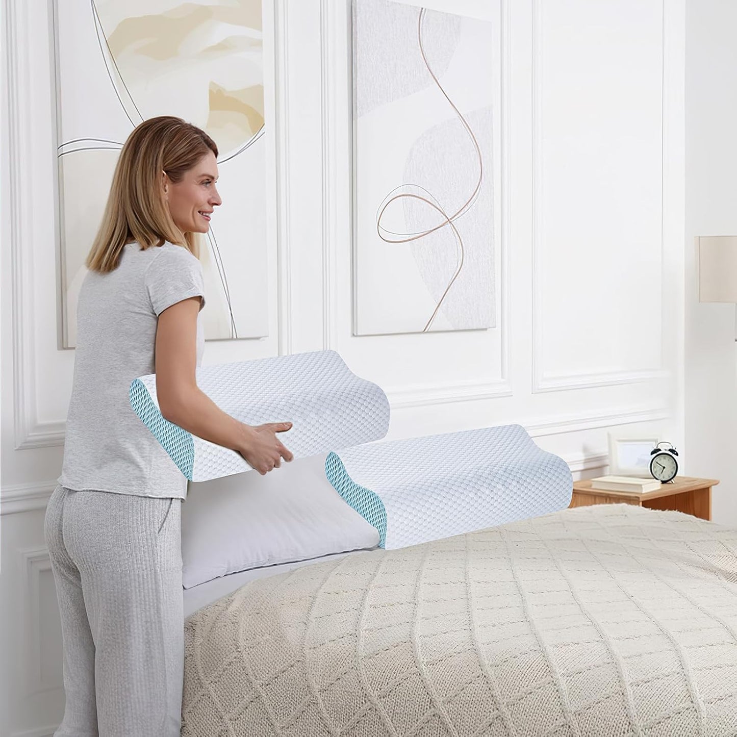 2 Pack Memory Foam Cooling Bed Pillows for Sleeping, Ergonomic Cervical Pillow for Neck and Shoulder Pain Relief, Adjustable Cold Pillow Set of 2,with Pillowcase（Blue）