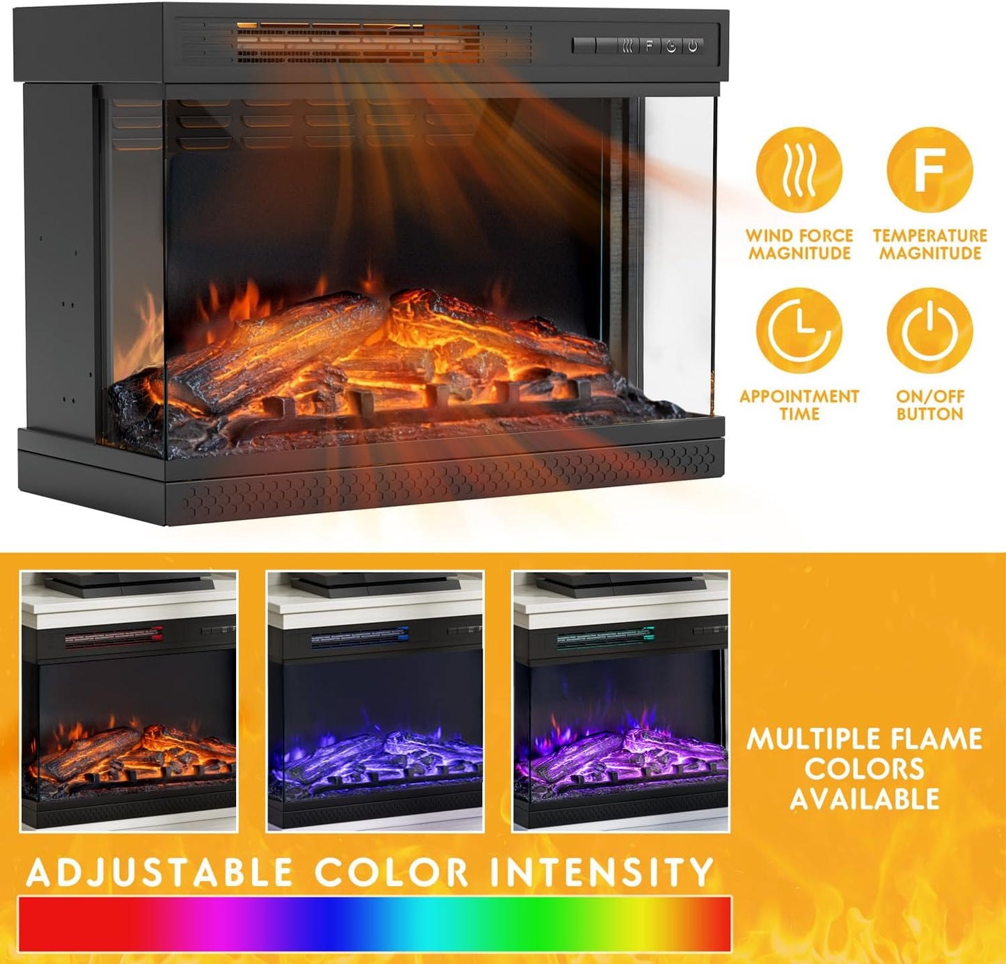 JUMMICO Fireplace TV Stand up to 65", 3-Sided Glass, Distressed White | Entertainment Center with Cabinet Storage, Adjustable Flame and LED Colors, Media Console for Living Room