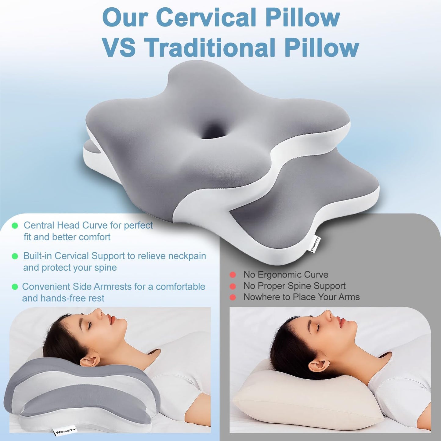 Dreams Relief Pillow,Sleep Apnea Pillow w/Neck & Snoring Relief,Orthopedic & Ergonomic Contour Cervical Memory Foam Cooling Pillow for Side Sleepers,Medium Firm Support (Gray, Queen Size)