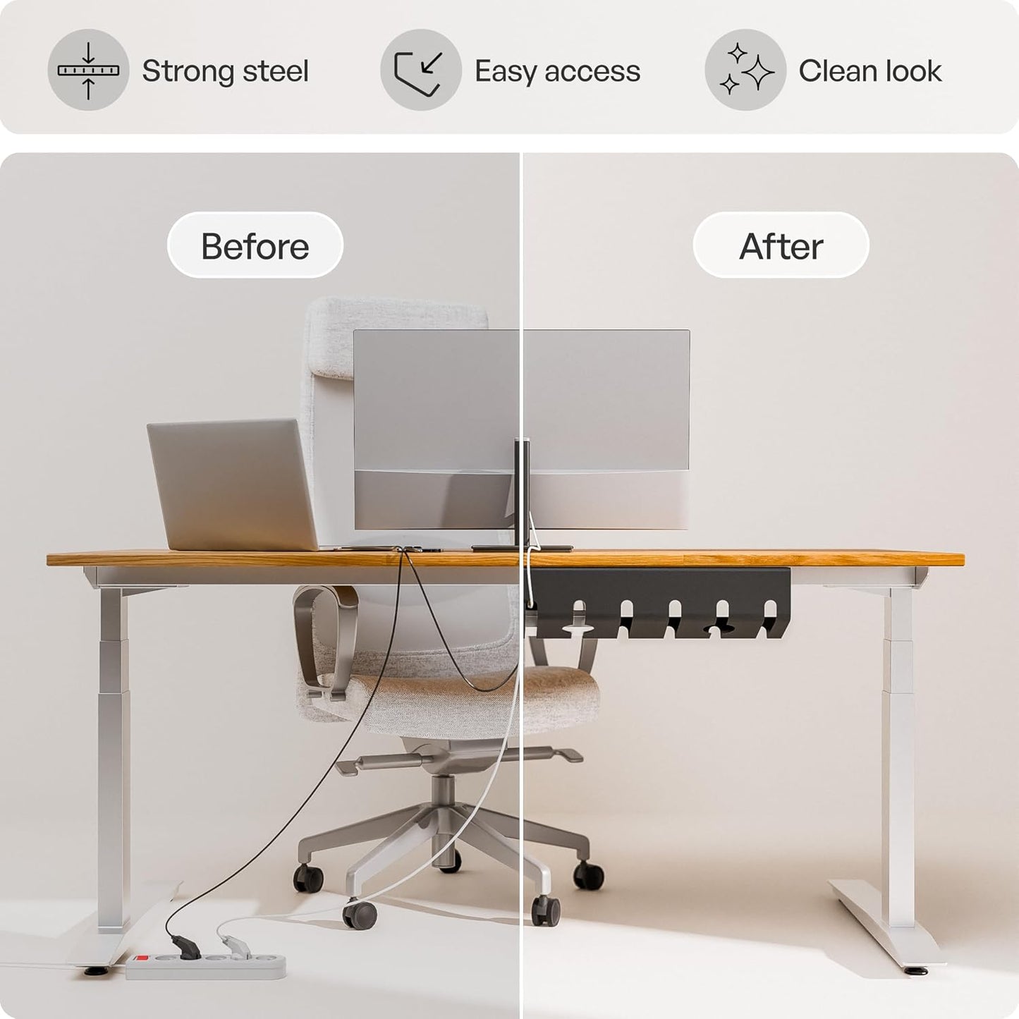 PAMO Cable Management Under Desk, Set of 3 - Black | Easy under-table mounting keeps cables organized, includes 10 cable ties for a clean and tidy office or home workspace.