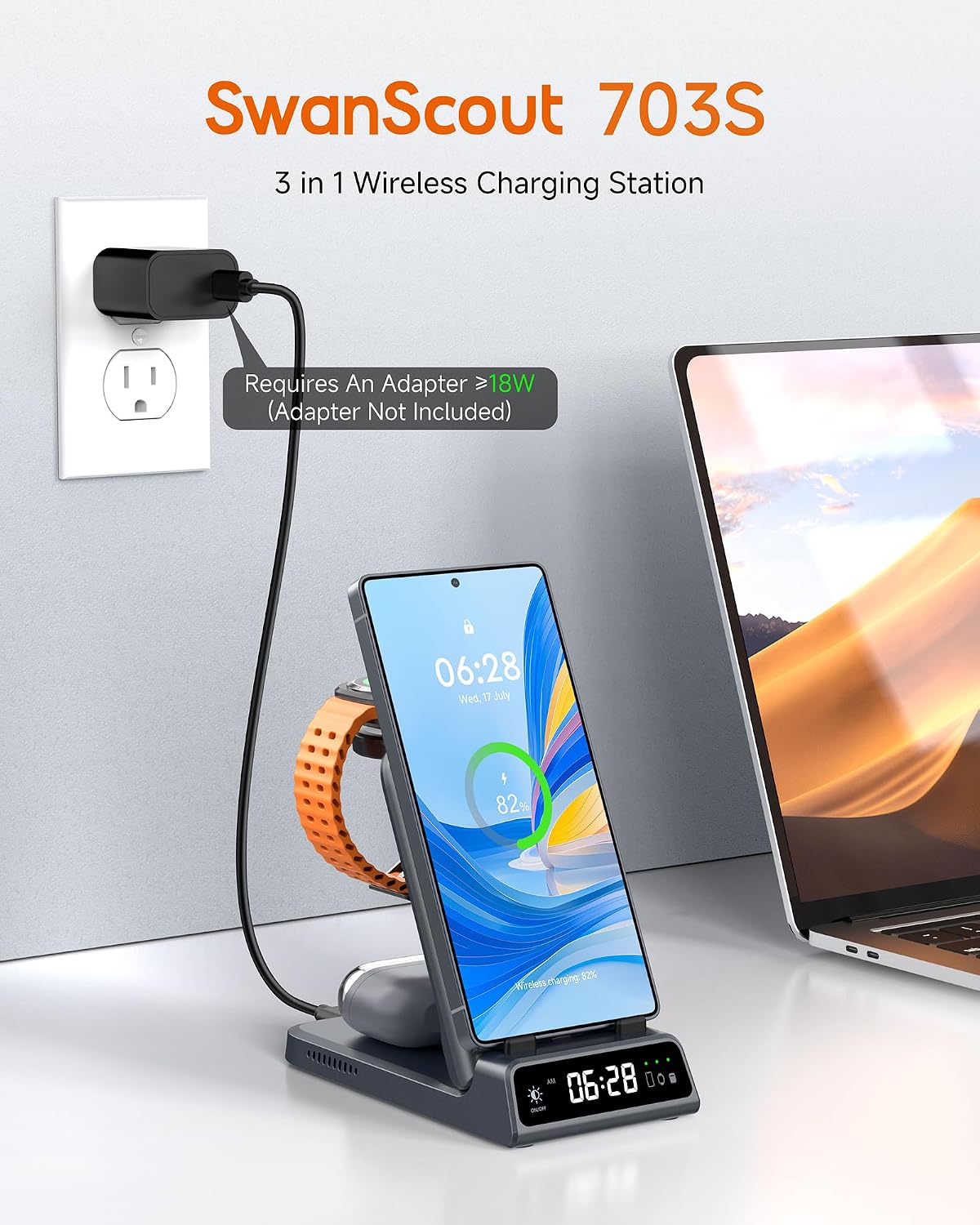 Charging Station for Samsung S26 Ultra, Wireless Charger for Galaxy S26/S25/S24/S23 Series, Galaxy Watch (Not for Watch 9/Ultra 2), Galaxy Buds 3 Pro/3, SwanScout 703S (No Adapter)