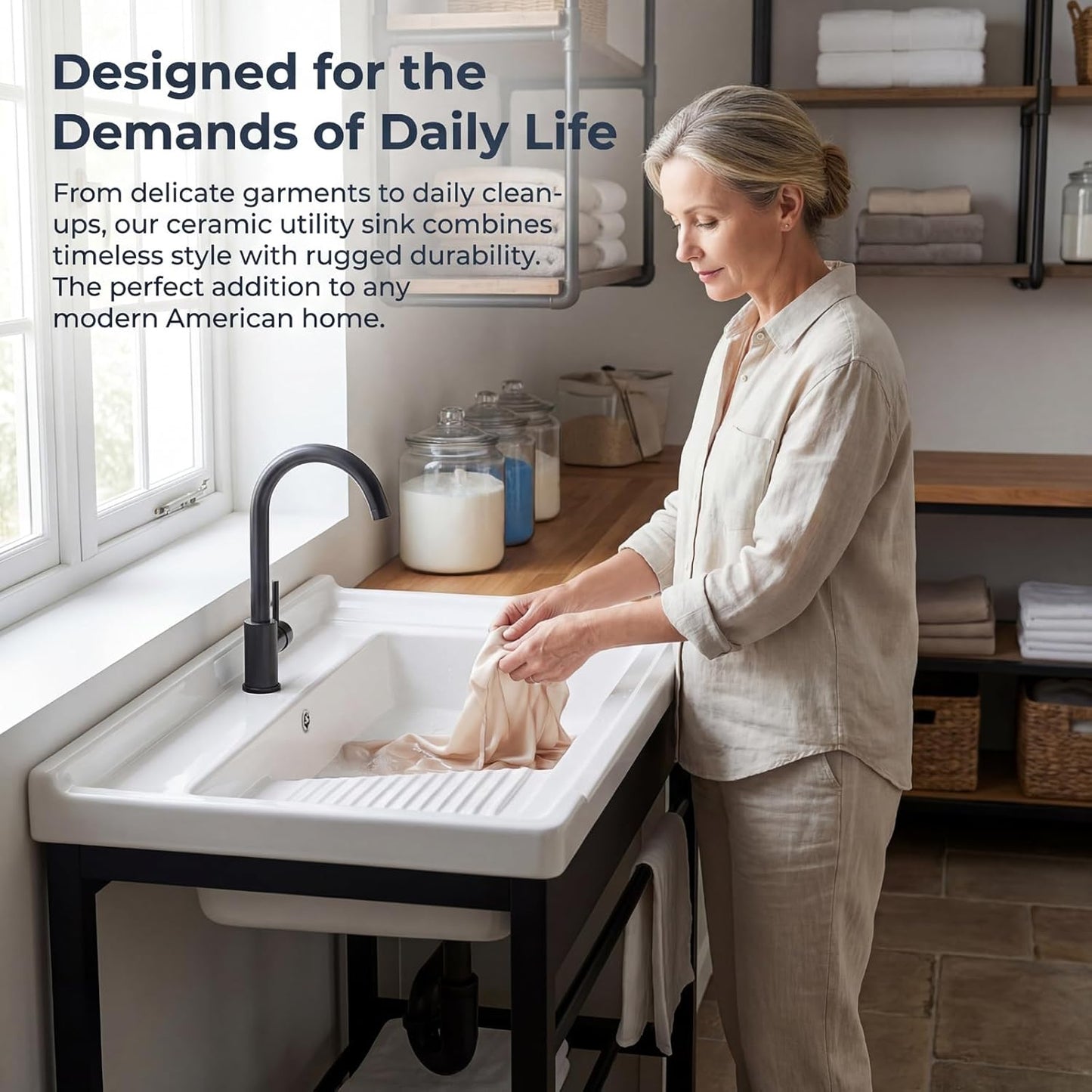 Freestanding Laundry Utility Sink, 28.3" x 19" x 32.3" Ceramic Utility Sink with Washboard Set with Bracket and Drain Kit for Laundry Room, Utility Room, Garage, Basement, Outdoor and Indoor