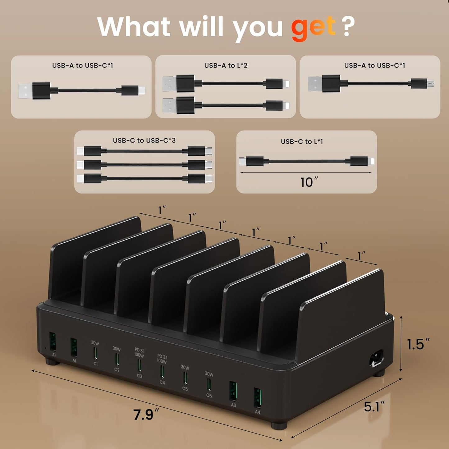 400W Charging Station for Multiple Devices,Dual PD 100W Multi USB C Charging Station with 8 Cable,10 Port Charger Station for MacBook iPhone iPad Laptop Cell Phone Android Tablet-Black