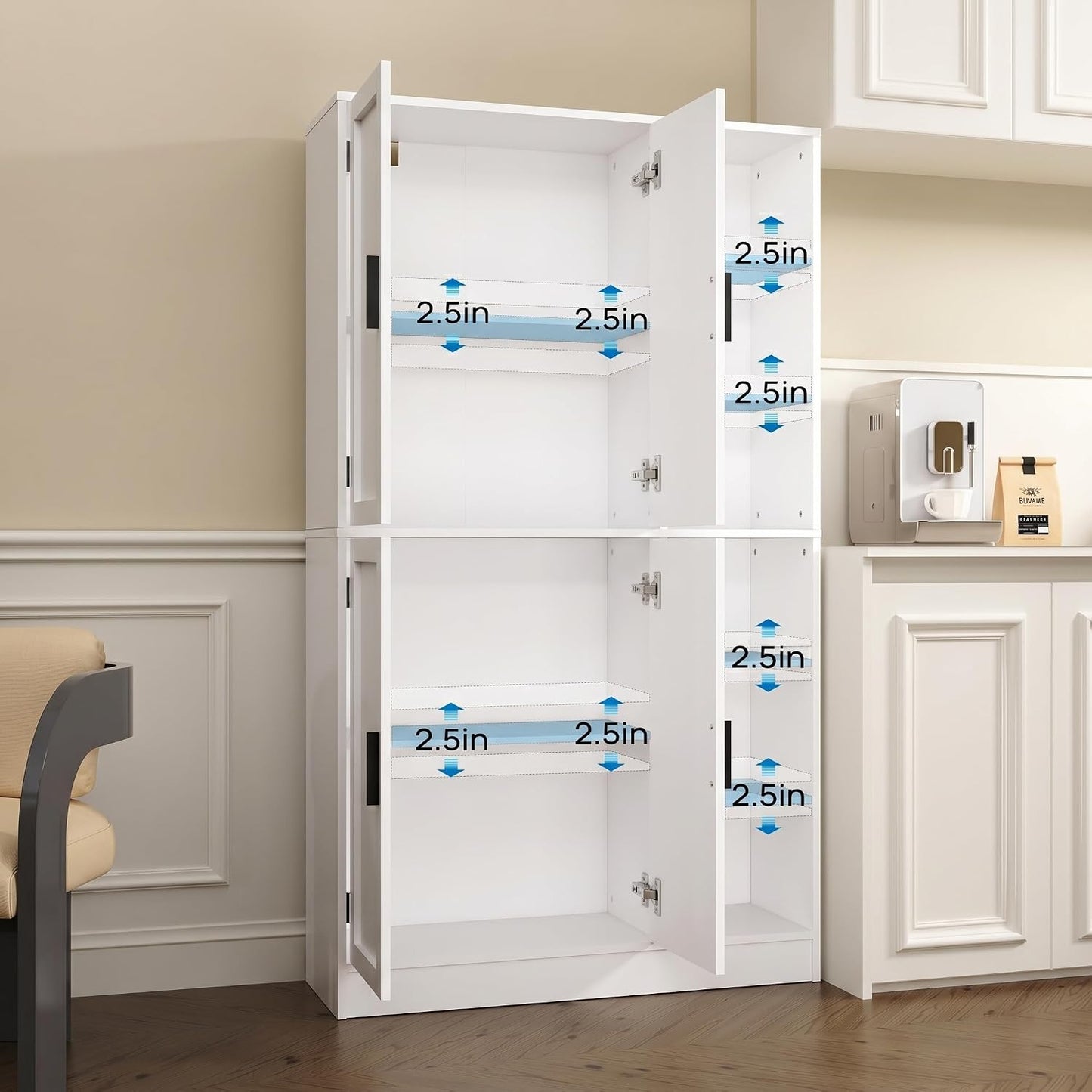 holzart 63" Tall Kitchen Pantry Cabinet, Freestanding Dining Room Storage Hutch with 4 Doors and Adjustable Shelves, Modern Utility Cupboard for Coffee Bar and Microwave, White