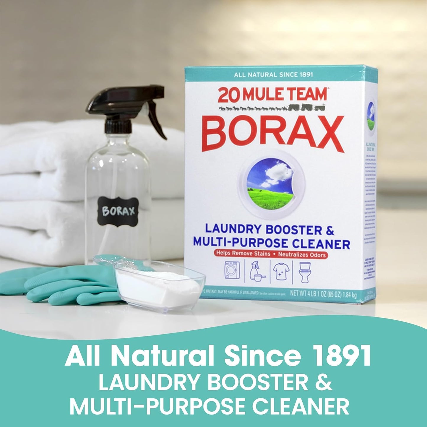 20 MULE TEAM Borax Powder, 65 Ounce, 4 Count, All Natural Laundry Booster & Multi-Purpose Household Cleaner for Kitchen and Bathroom, Stain & Odor Fighter, Helps Deodorize & Freshen