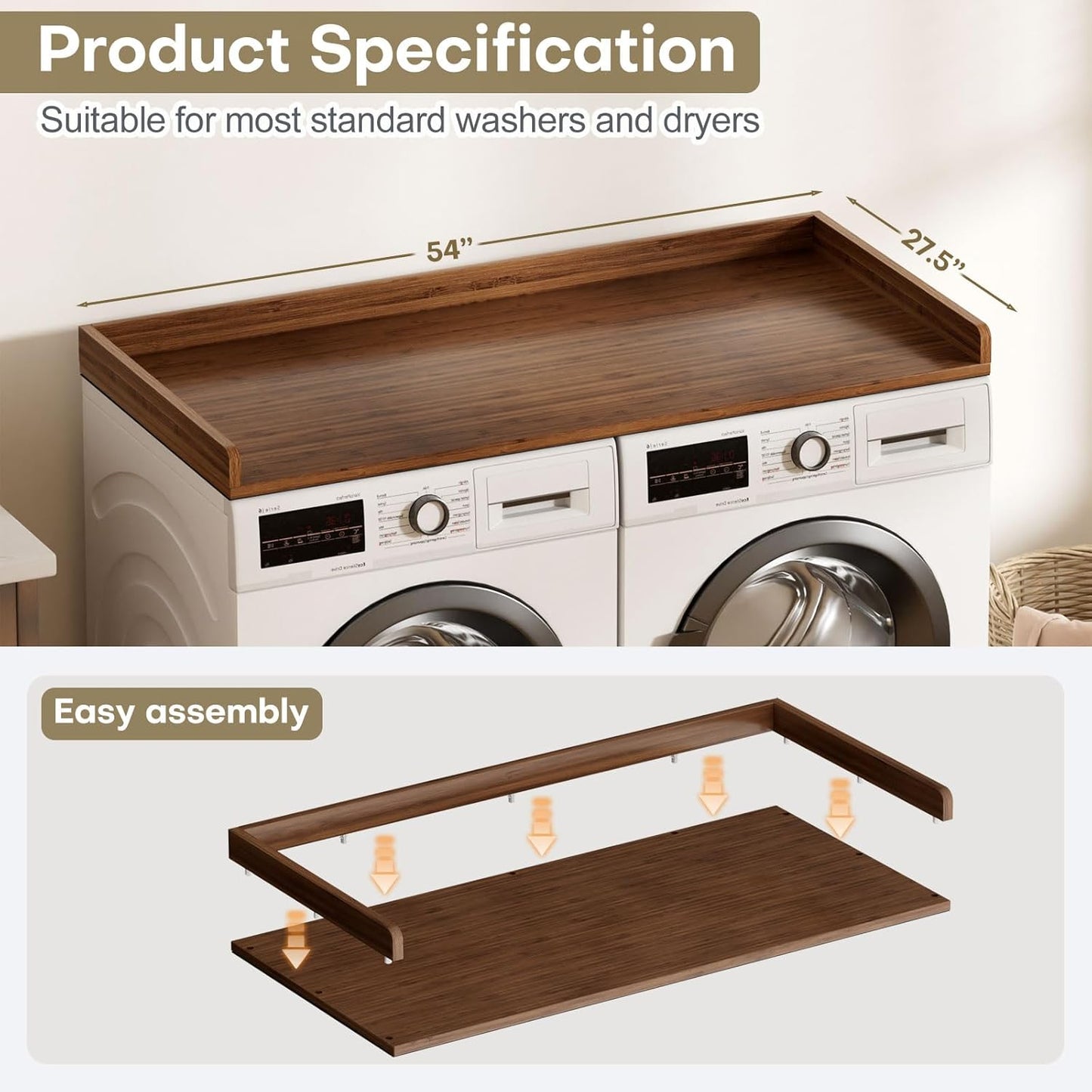 Cozivolife Washer Dryer Countertop, Laundry Topper with Edge Rails, 54" x 27.5" Bamboo Folding Station & Waterproof Surface, 220 lb Load Capacity for Laundry Room Organization(Walnut)