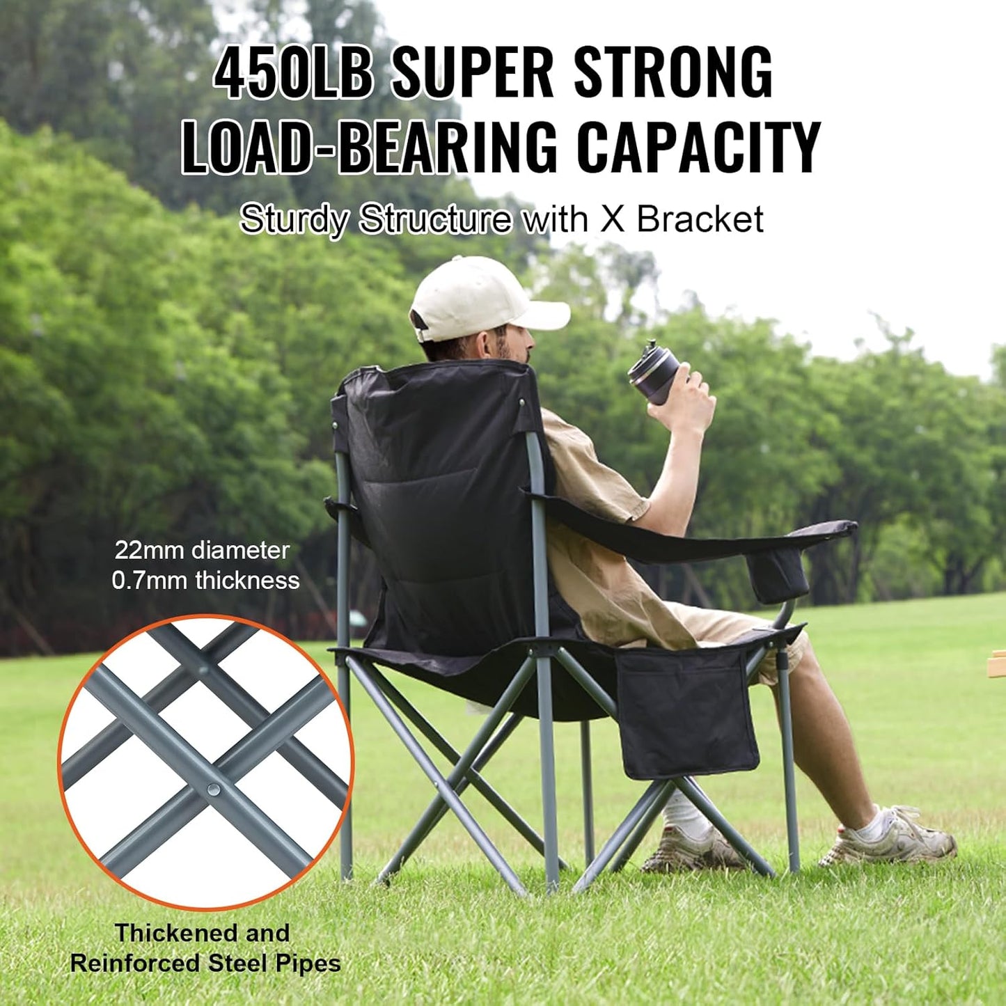 VEVOR Oversized Camping Folding Chair, Portable Heavy Duty Outdoor Quad Lumbar Back Padded with Side Pockets, Cup Holder and Cooler Bag for Beach, Lawn, Picnic, Fishing, Backpacking, Black