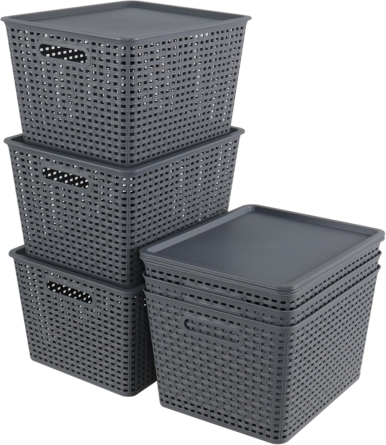 6 Pack Plastic Storage Bins with Lids, Stackable Storage Baskets with Handles, Large Organizer Bins for Desk, Shelves, Office, Plastic Container Bins for Pantry Organizers and Storage, Grey