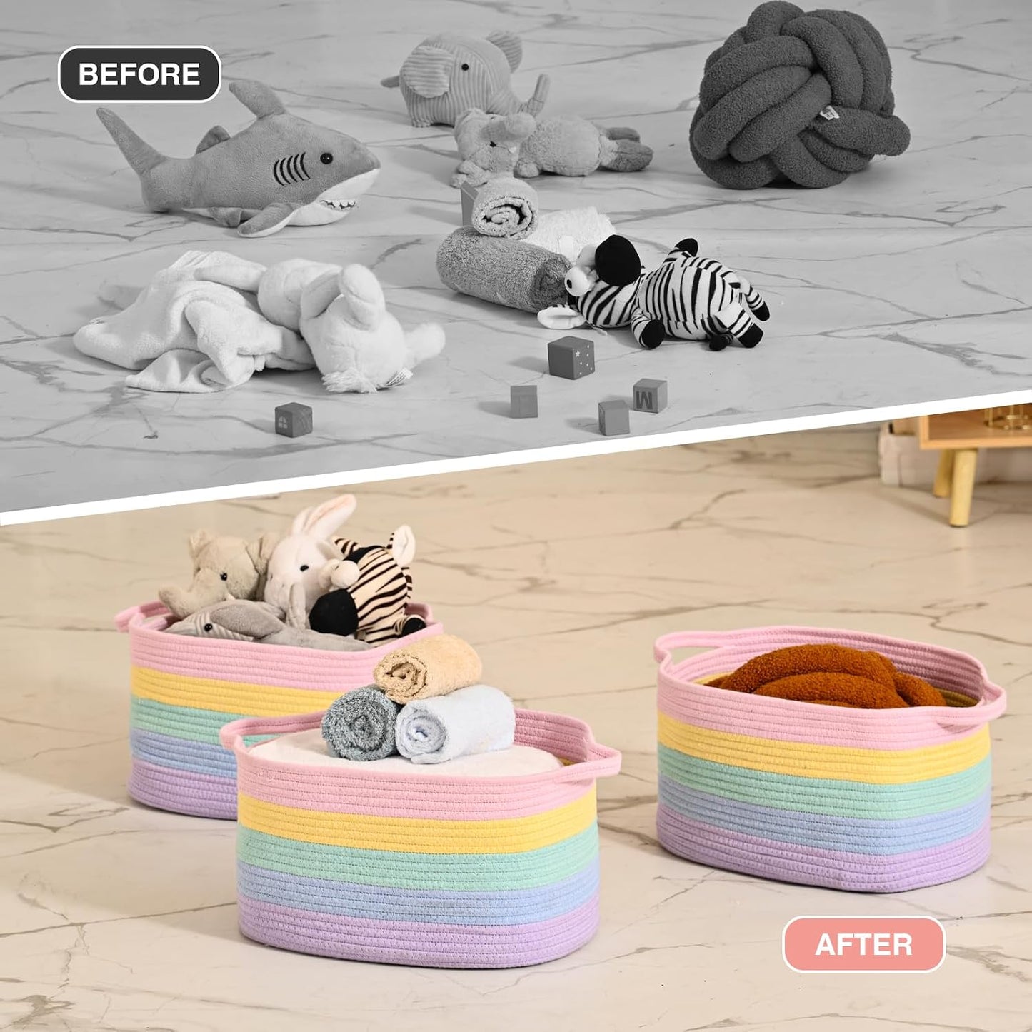 DUHEL Cotton Rope Woven Storage Basket (Rainbow-3Pcs) | Used for Baby Hamper Toy Organizer, Gift Baskets Empty,Kids,Baby,nursery. Size 15x10x8.7 Inches
