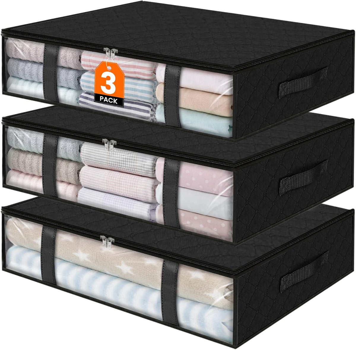 StorageRight Under Bed Storage Bags 3 Pack, 40L Large Clothes & Comforter Storage Containers with Clear Window, Breathable Fabric Organizer for Blankets, Bedding, Seasonal Clothing