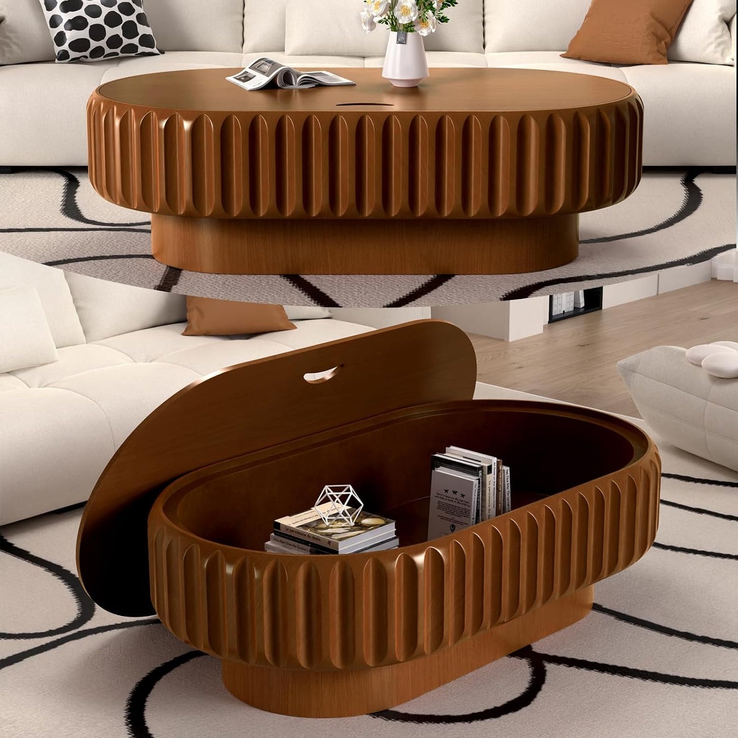 43.3" Oval Drum Coffee Table with Storage (C 43.3in) | Rustic Chic Fluted Center Table - Handcraft Solid Wood Veneer Edge for Living Room Farmhouse