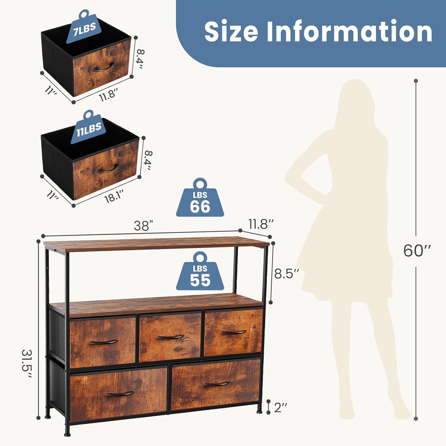 DUMOS TV Stand, Dresser with 5 Fabric Storage Drawers, Media Console Featuring Open Shelf for TV, Compact Entertainment Unit for Bedroom, Living Space, or Dorm Organization, Brown