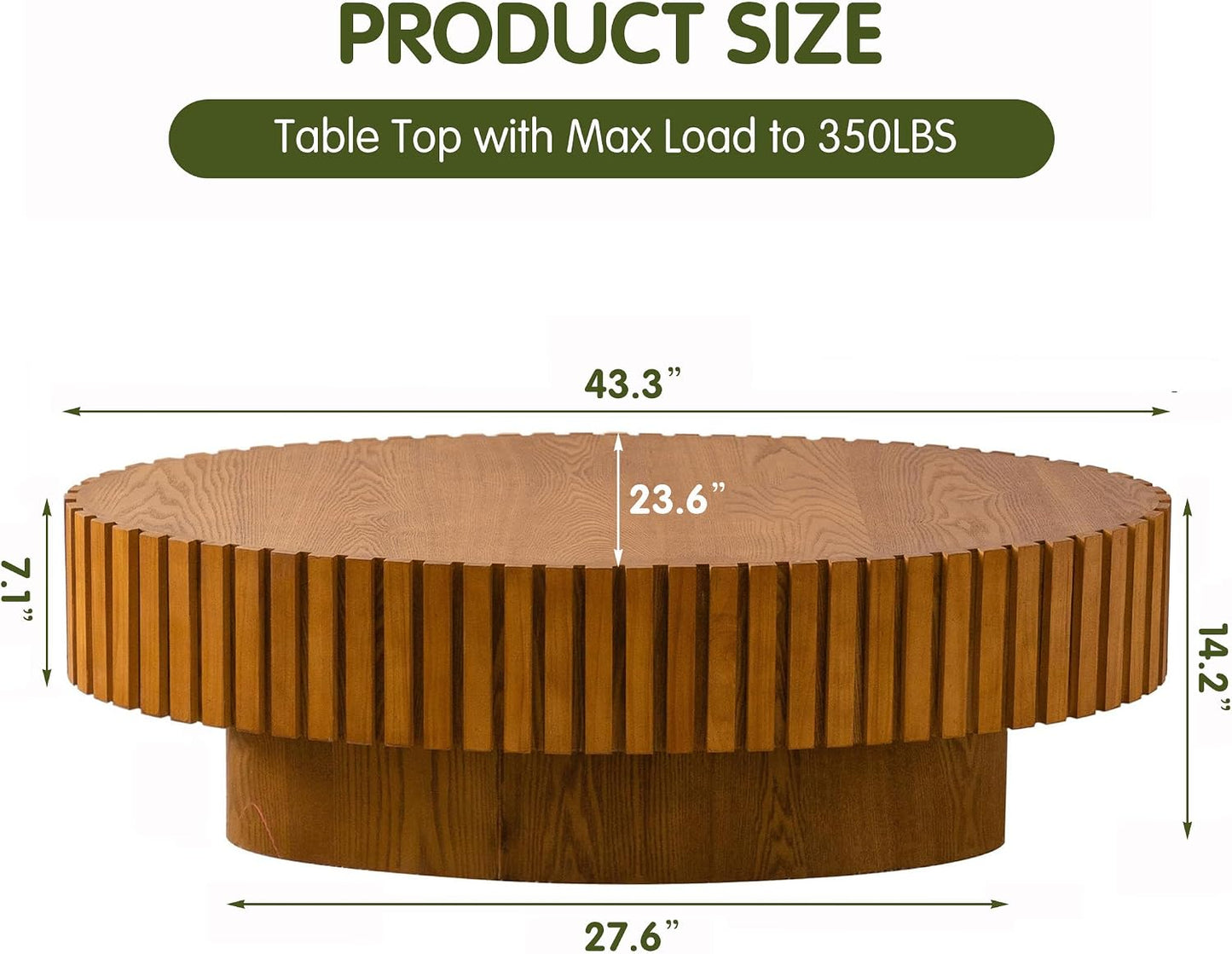 Light Brown Oval Fluted Coffee Table for Living Room (43"Oval Natural) | Handcrafted Relief Wood, Drum Coffee Table for Office Outdoor