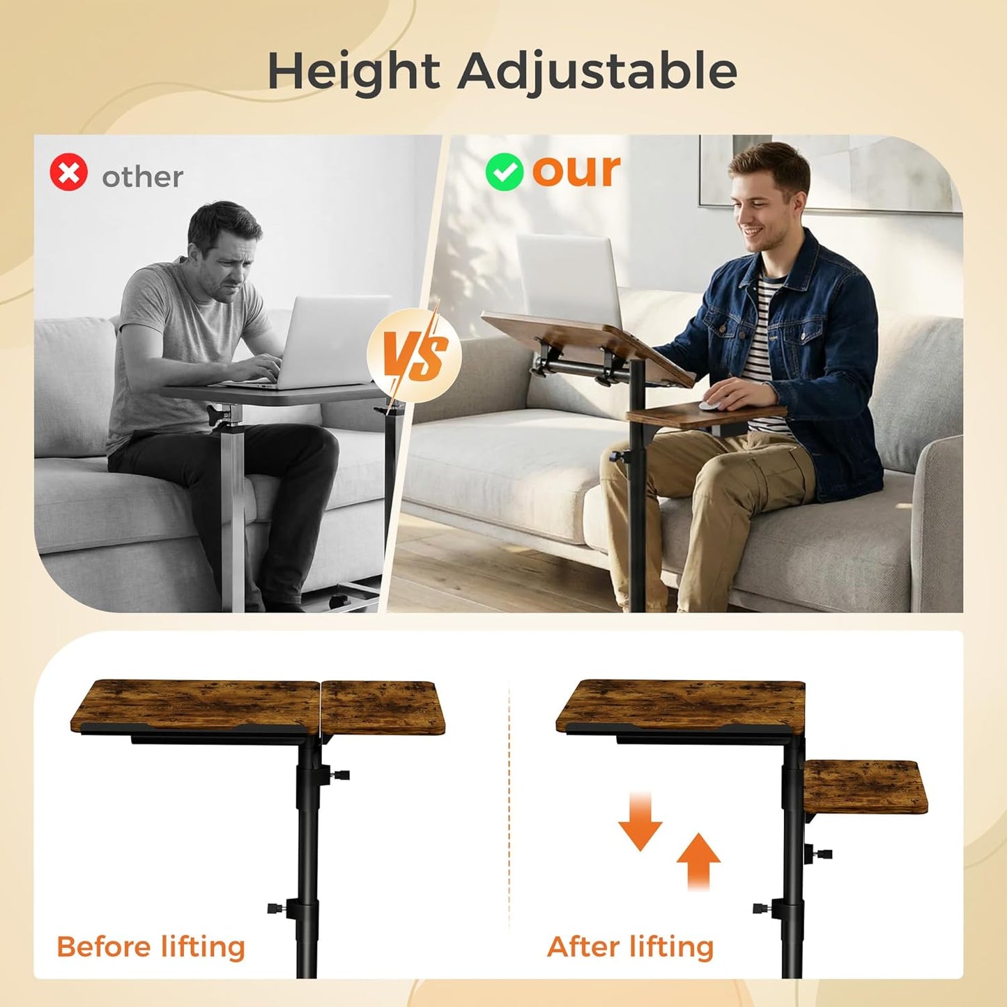 Aothia Small Standing Desk Rolling Table Adjustable Height, Laptop Mobile Stand with Wheels, Overbed Table, Portable Computer Workstation with Tiltable Desktop for Teacher Classroom Home Office, Brown