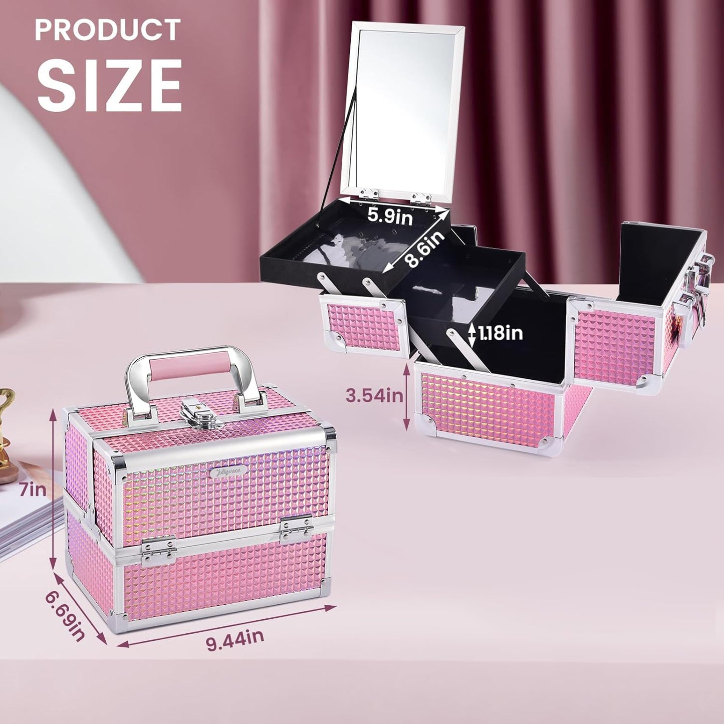 Joligrace Makeup Train Case Makeup Case Organizer Portable Cosmetic Box Storage with 2 Trays Mirror Locking Make Up Travel Case for Nail Kits Cosmetics Craft Traveling Makeup Box Mermaid Pink