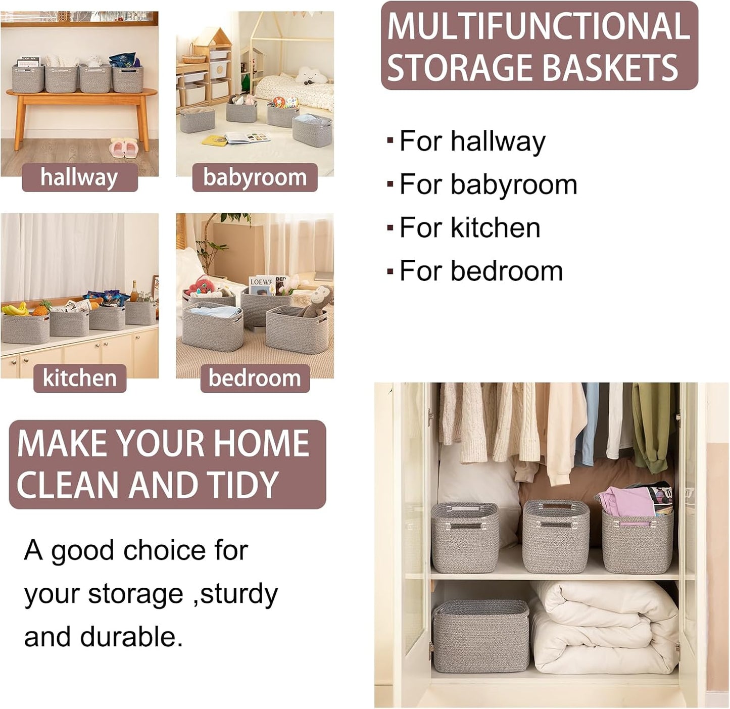 OIAHOMY 4 Pack Storage Baskets for Organizing 15L Cube Storage Bins Grey