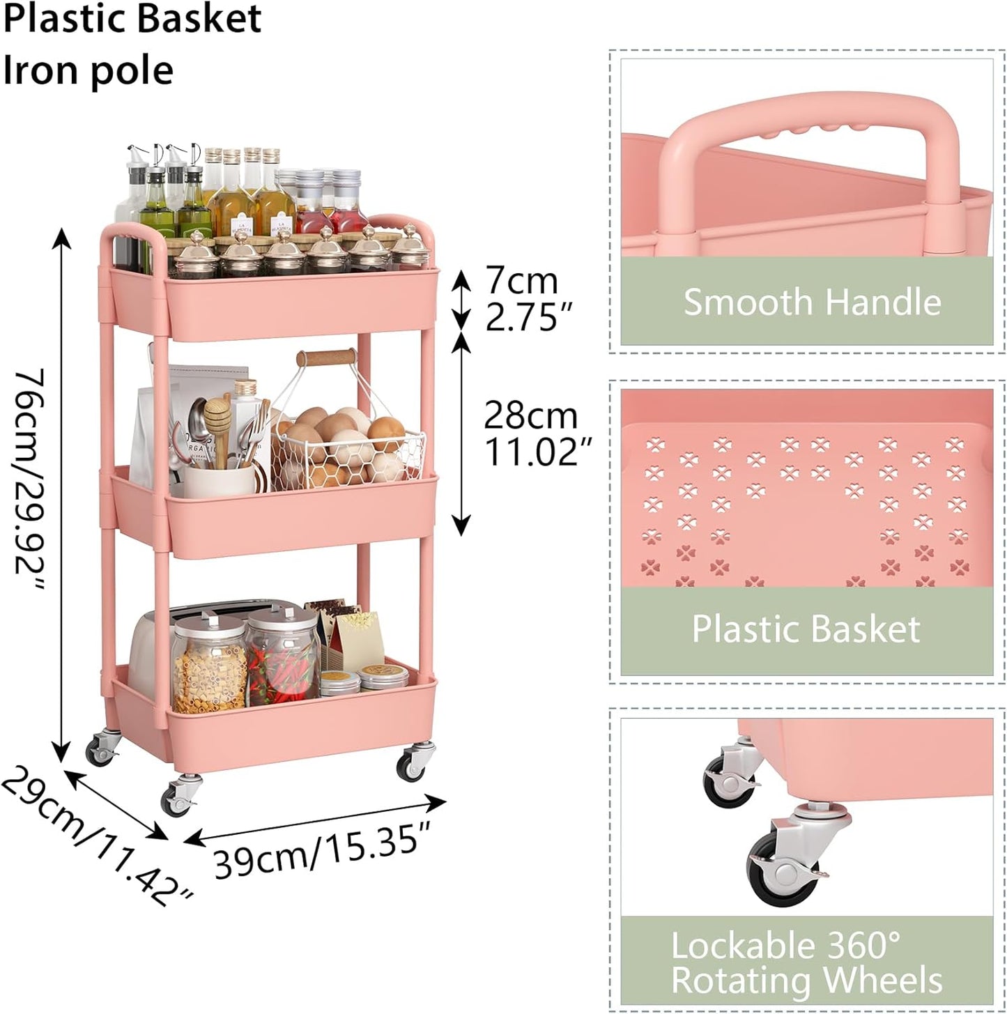 Sywhitta 3-Tier Plastic Rolling Utility Cart with Handle, Multi-Functional Storage Trolley for Office, Living Room, Kitchen, Movable Storage Organizer with Wheels, Pink