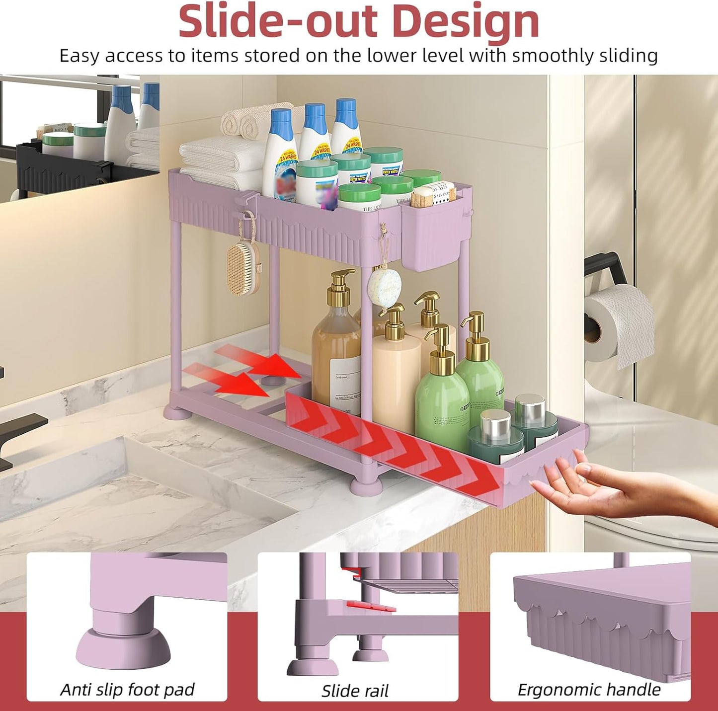 Sevenblue Under Sink Organizer, Bathroom Organizers and Storage, 2 Tier Multi-Use Pull Out Cabinet Organizer with Hang Hooks and Cups (Pink, 4 Pack)