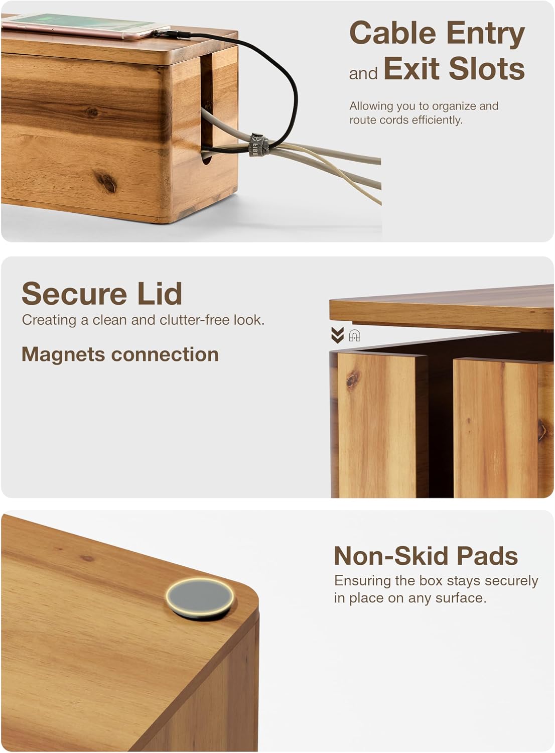 TIDITA 16" L Wooden Cable Management Box Round Edge, Magnetic Lid, Large