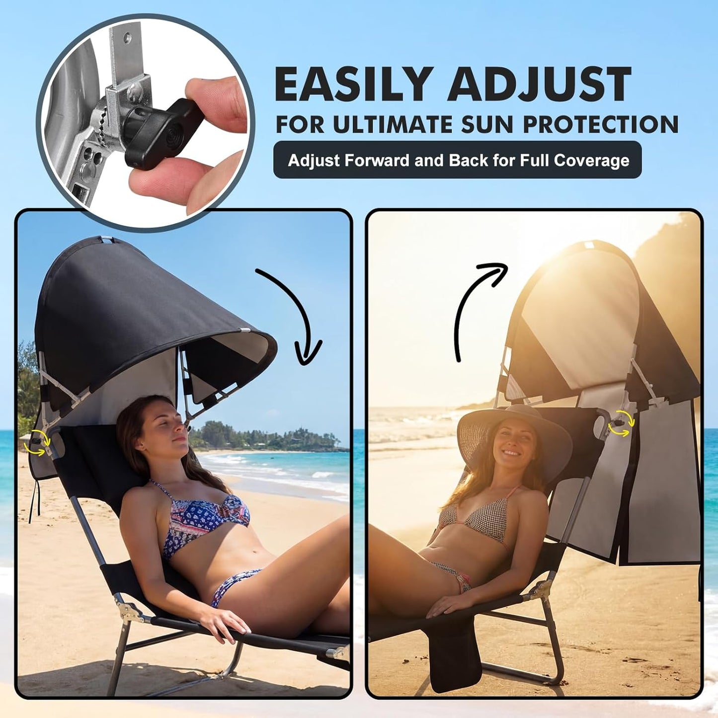 Backpack Beach Tanning Lounge Chair with Canopy Shade Face Hole Padded Adjustable Washable, 6 Position Layout Chair for Outside Sunbathing Poolside Lawn, UPF 50+ Wind-Resistant Sun Shade, Patented