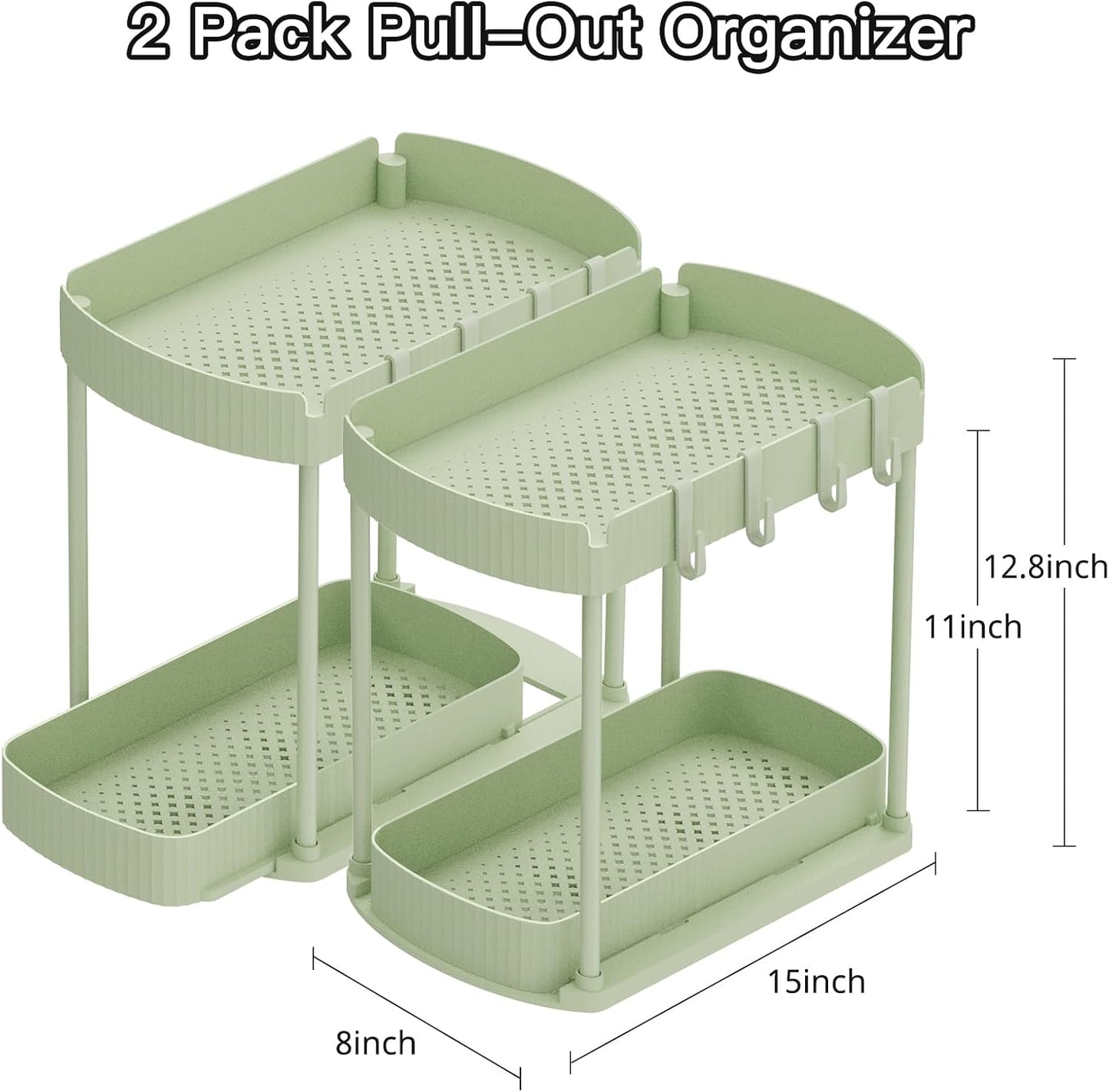 Ukeetap 2 Pack Multi-Purpose Pull-Out Storage Organizers, Under Sink Organizers and Storage for Bathroom & Kitchen, Under Cabinet Organizers and storage, 12.8 Inch, Green
