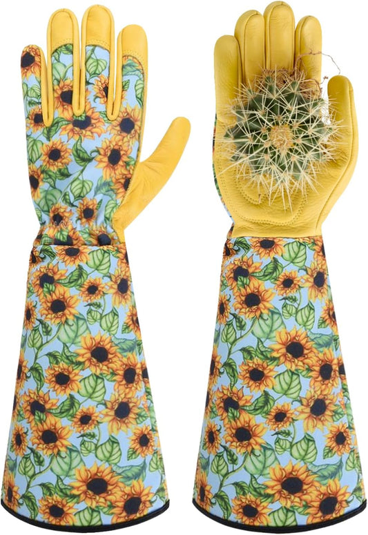 WOHEER Long Gardening Gloves for Women Thorn Proof,Rose Pruning Cowhide Leather Garden Glove for Cactus, Rose and Blackberry