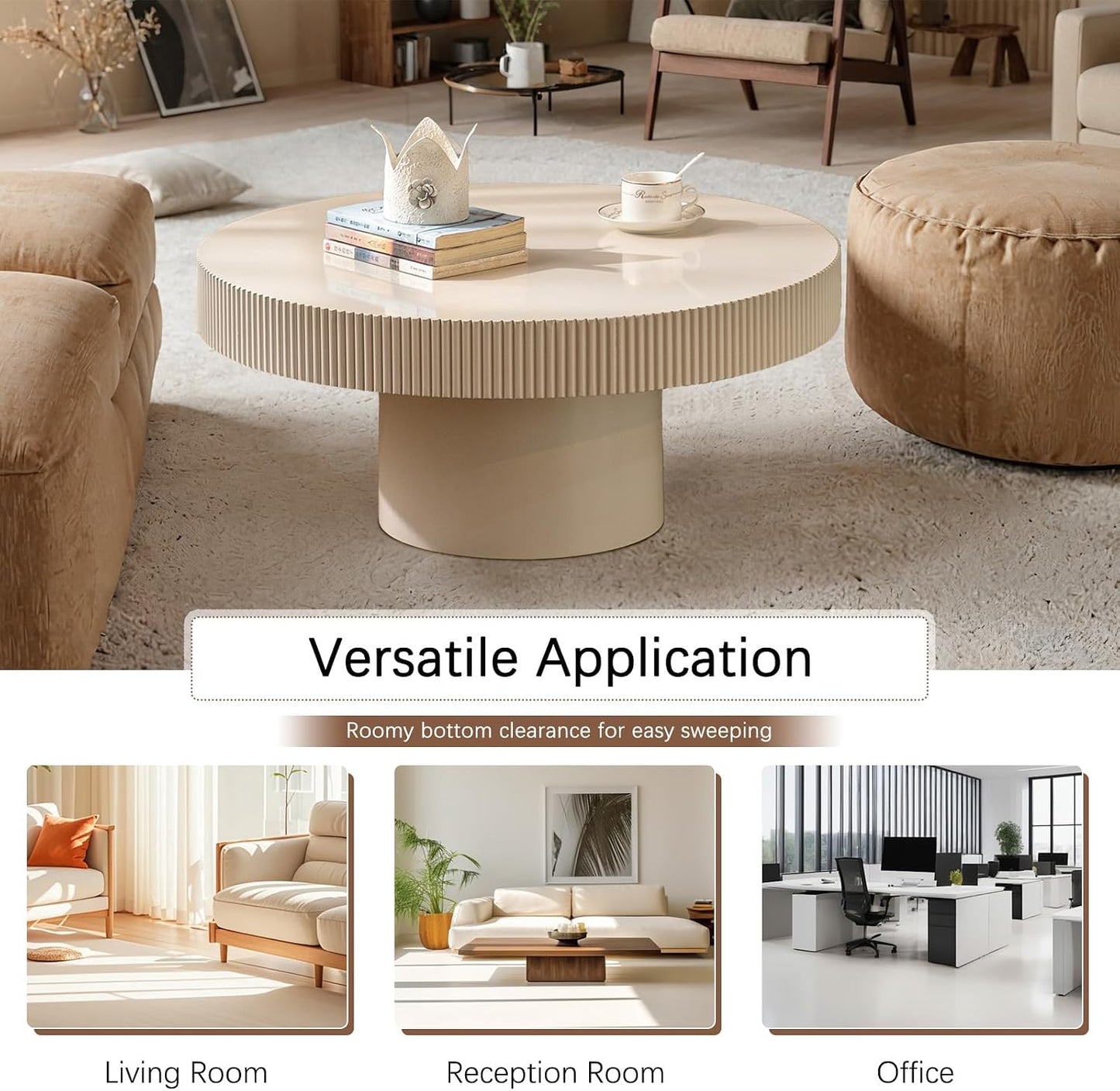 30.71" Round Drum Coffee Table,White | Modern Handcraft Fluted Accent Table, Sturdy Pedestal Circle, Luxury Center Table, For Living Room Home Office