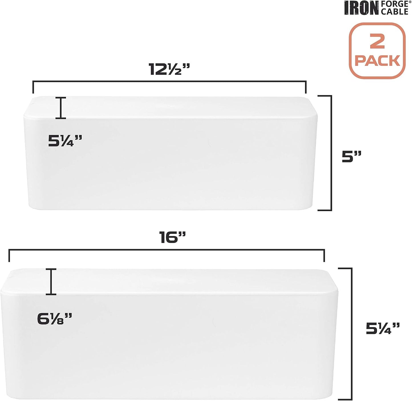 Iron Forge Cable Cable Management Box, 2 Pack - White, Hook & Loop Keepers | Cord Organizer & Cable Hider, For Wires, Power Strips & Surge Protectors, Includes Cable Sleeve, Zip Ties & Clips